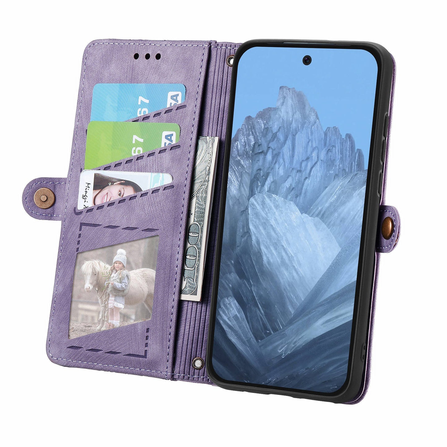 Leather Case for Google Pixel 9 Pro Zipper Pocket Geometry Mobile Phone Wallet Cover - Light Purple
