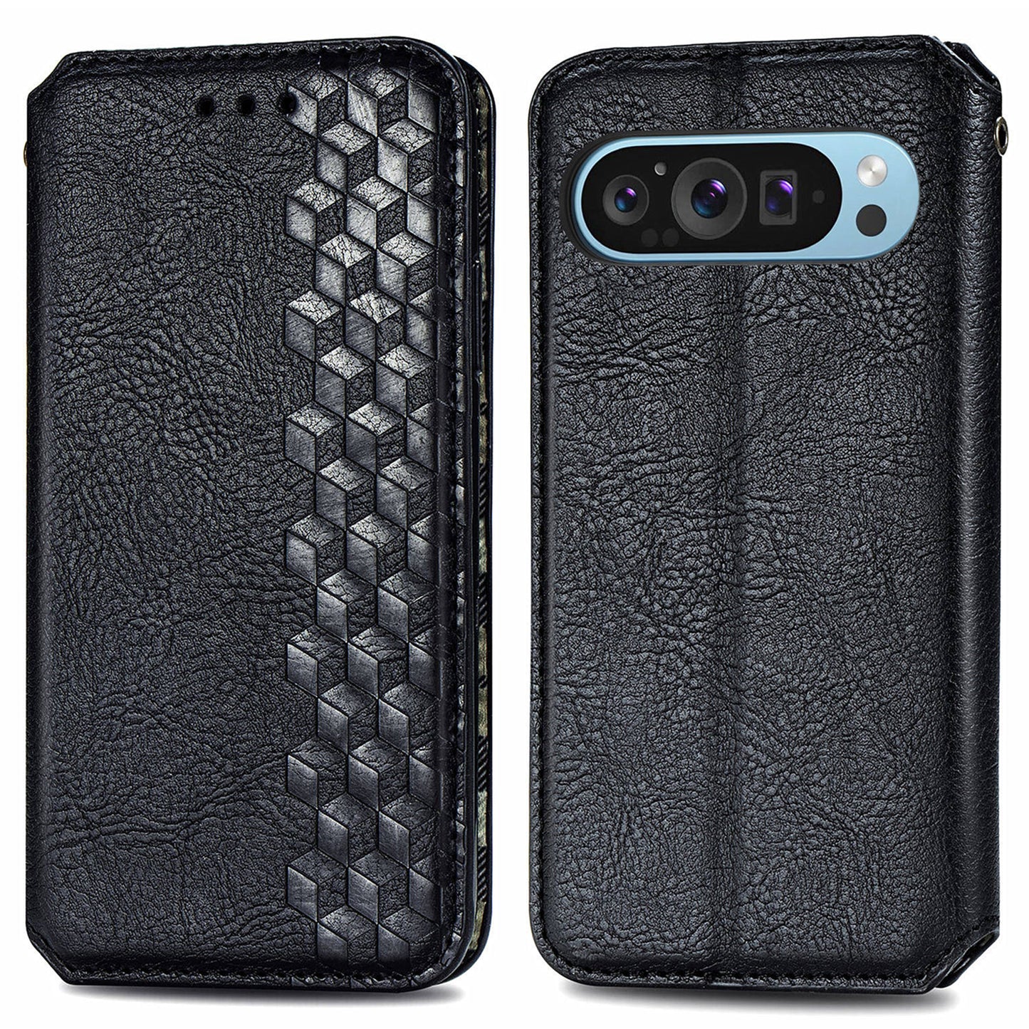 For Google Pixel 9 Pro Wallet Case Rhombus Leather Phone Cover with Stand Function - Black