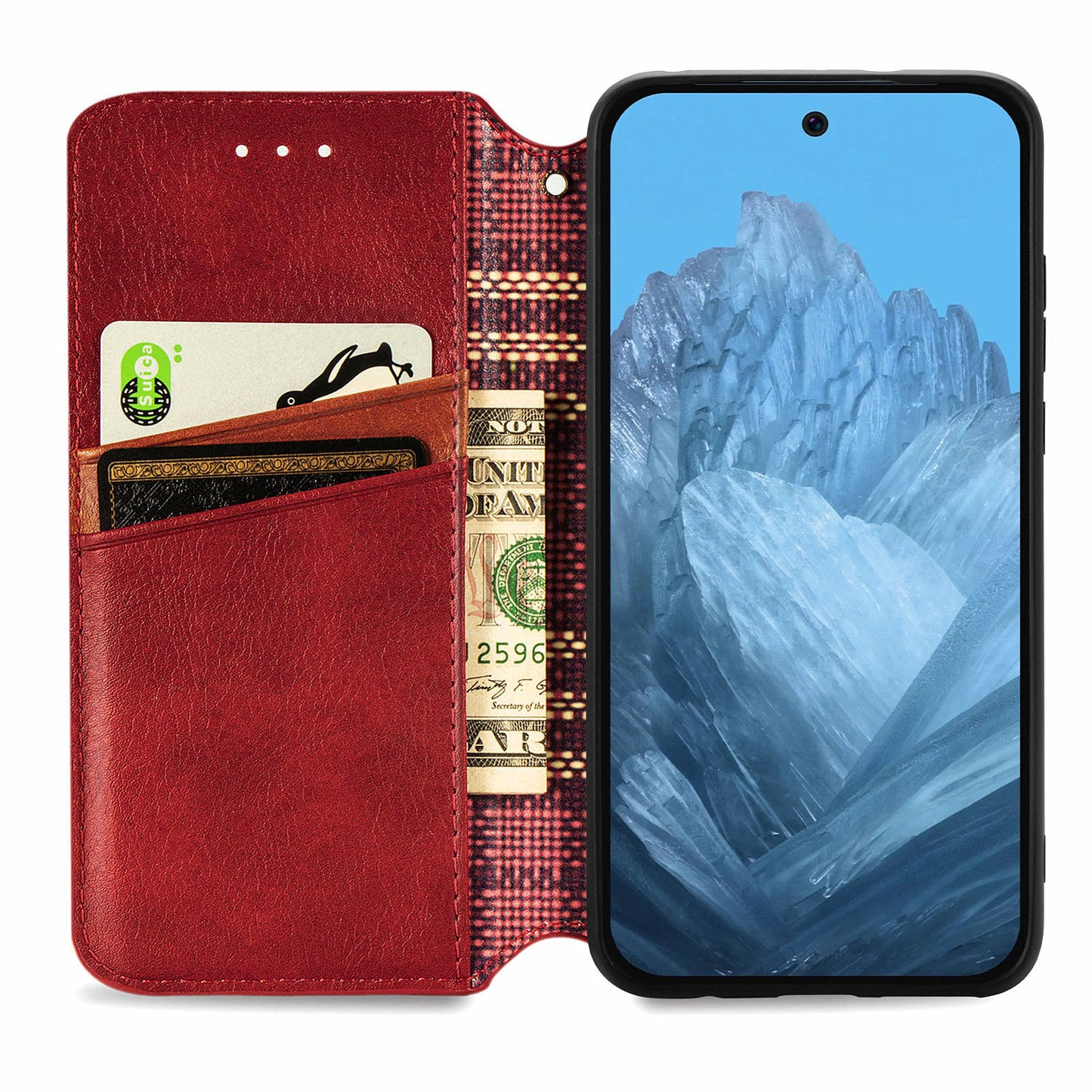 For Google Pixel 9 Pro Wallet Case Rhombus Leather Phone Cover with Stand Function - Red