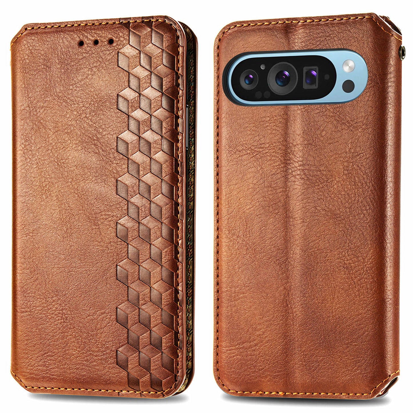 For Google Pixel 9 Pro Wallet Case Rhombus Leather Phone Cover with Stand Function - Brown