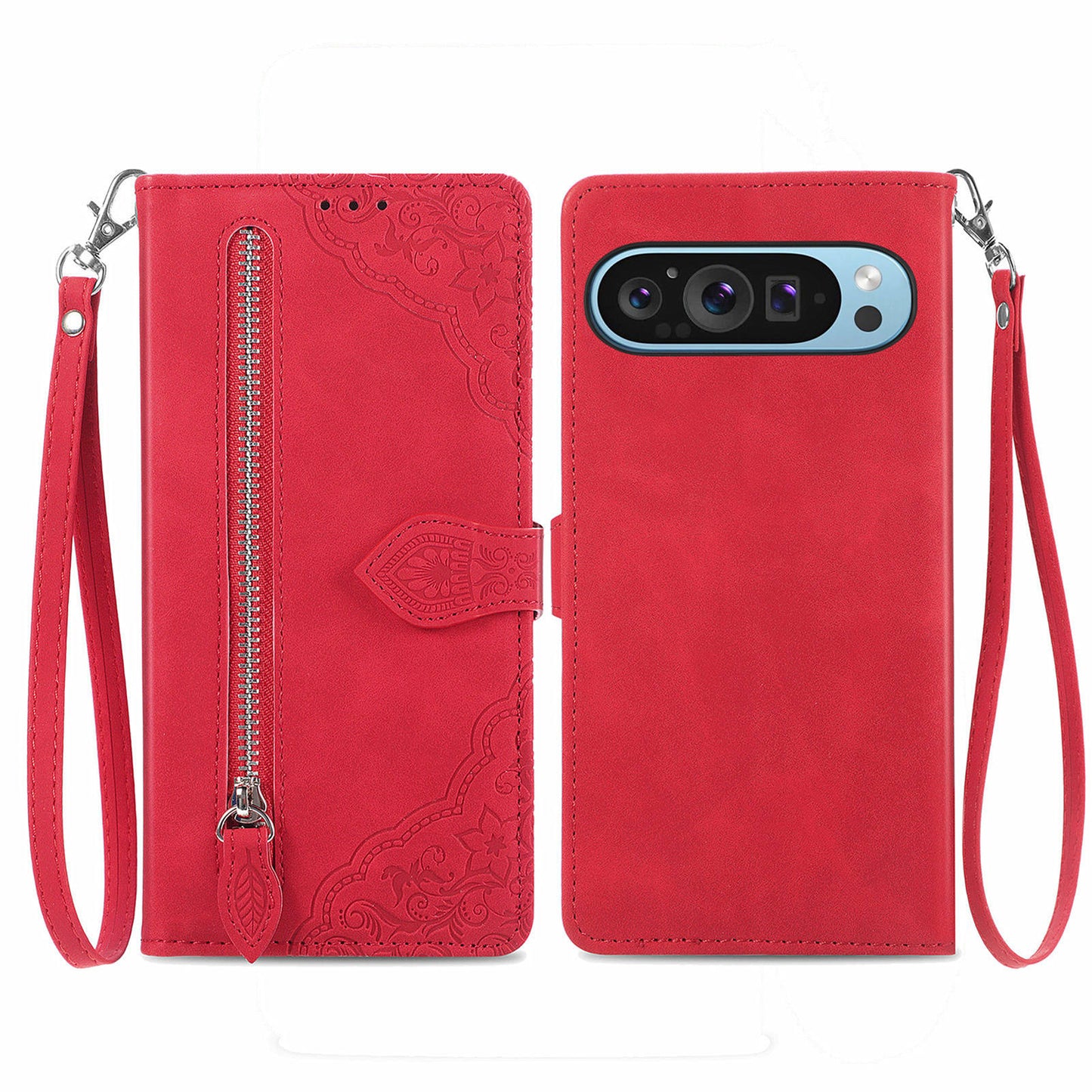 For Google Pixel 9 Pro Leather Case Zipper Wallet Horizontal Stand Phone Cover - Red