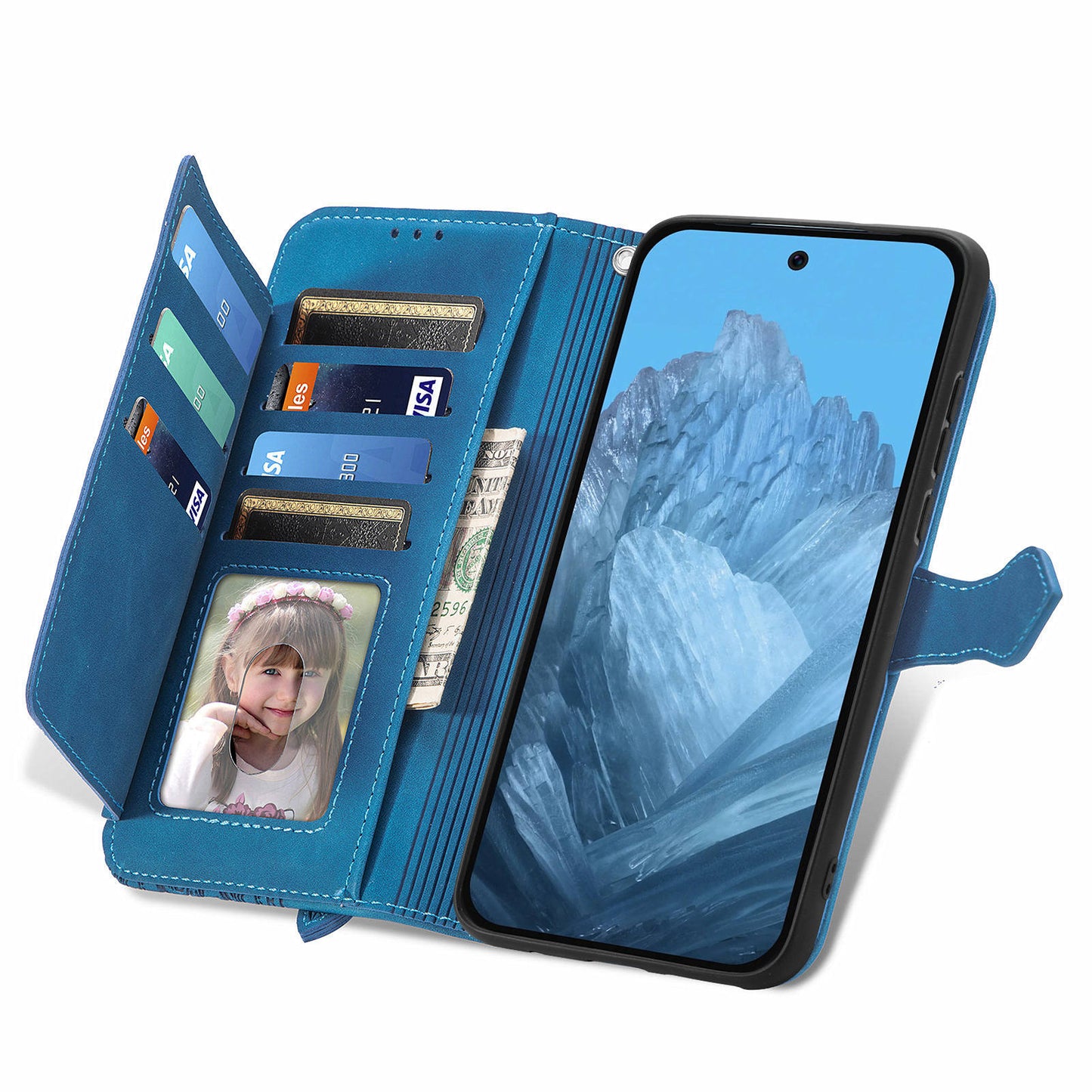 For Google Pixel 9 Pro Leather Case Zipper Wallet Horizontal Stand Phone Cover - Blue