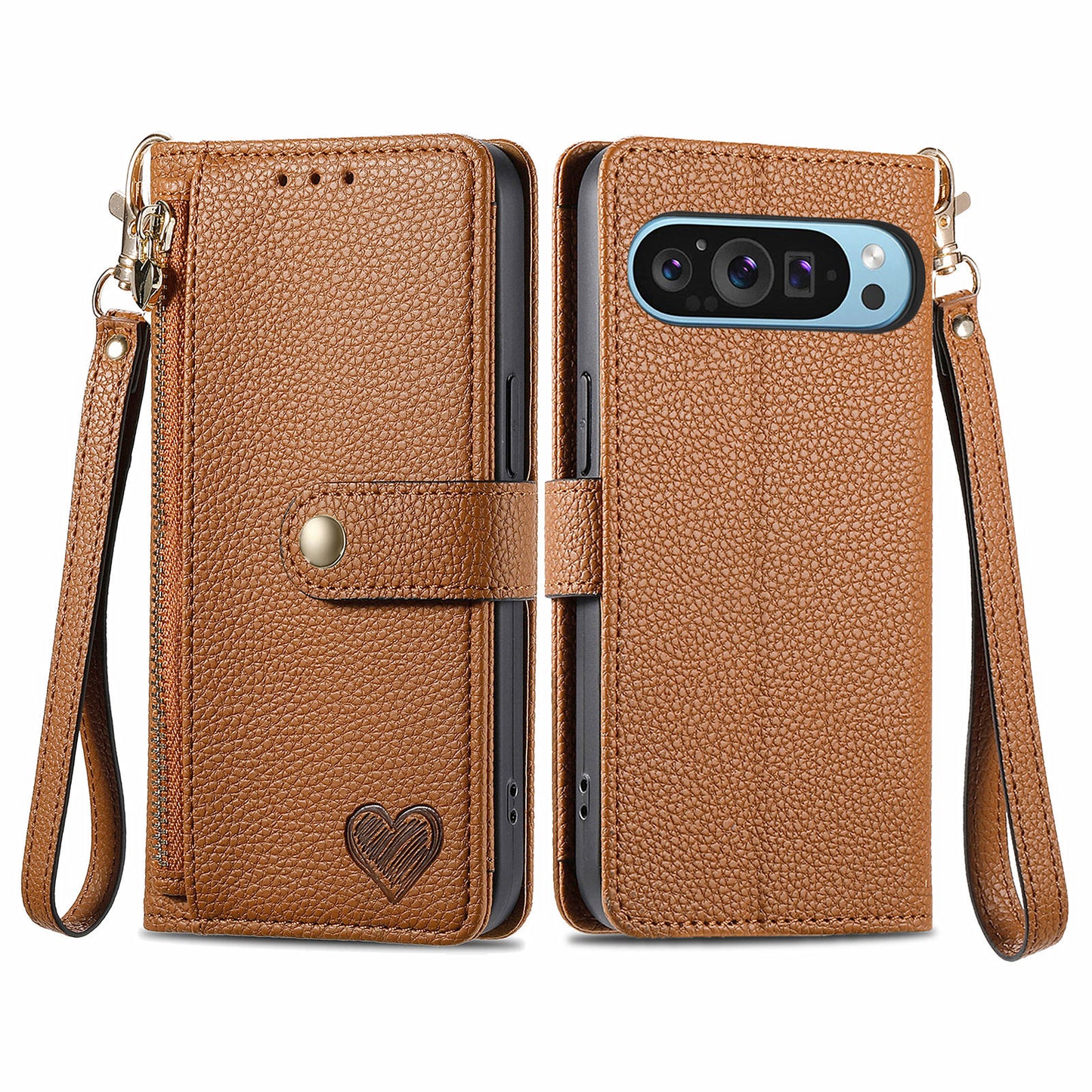 For Google Pixel 9 Pro RFID Blocking Case Zipper Pocket PU+TPU Phone Cover - Brown