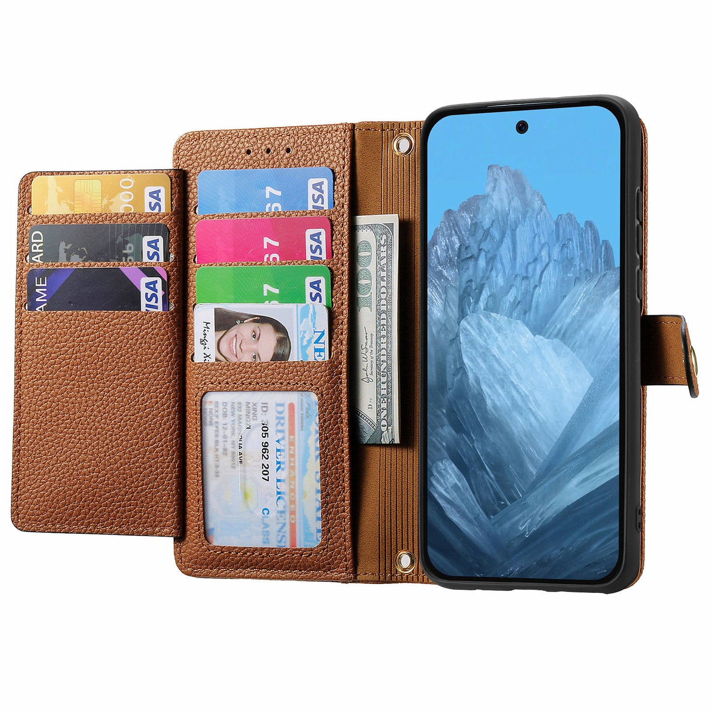 For Google Pixel 9 Pro RFID Blocking Case Zipper Pocket PU+TPU Phone Cover - Brown