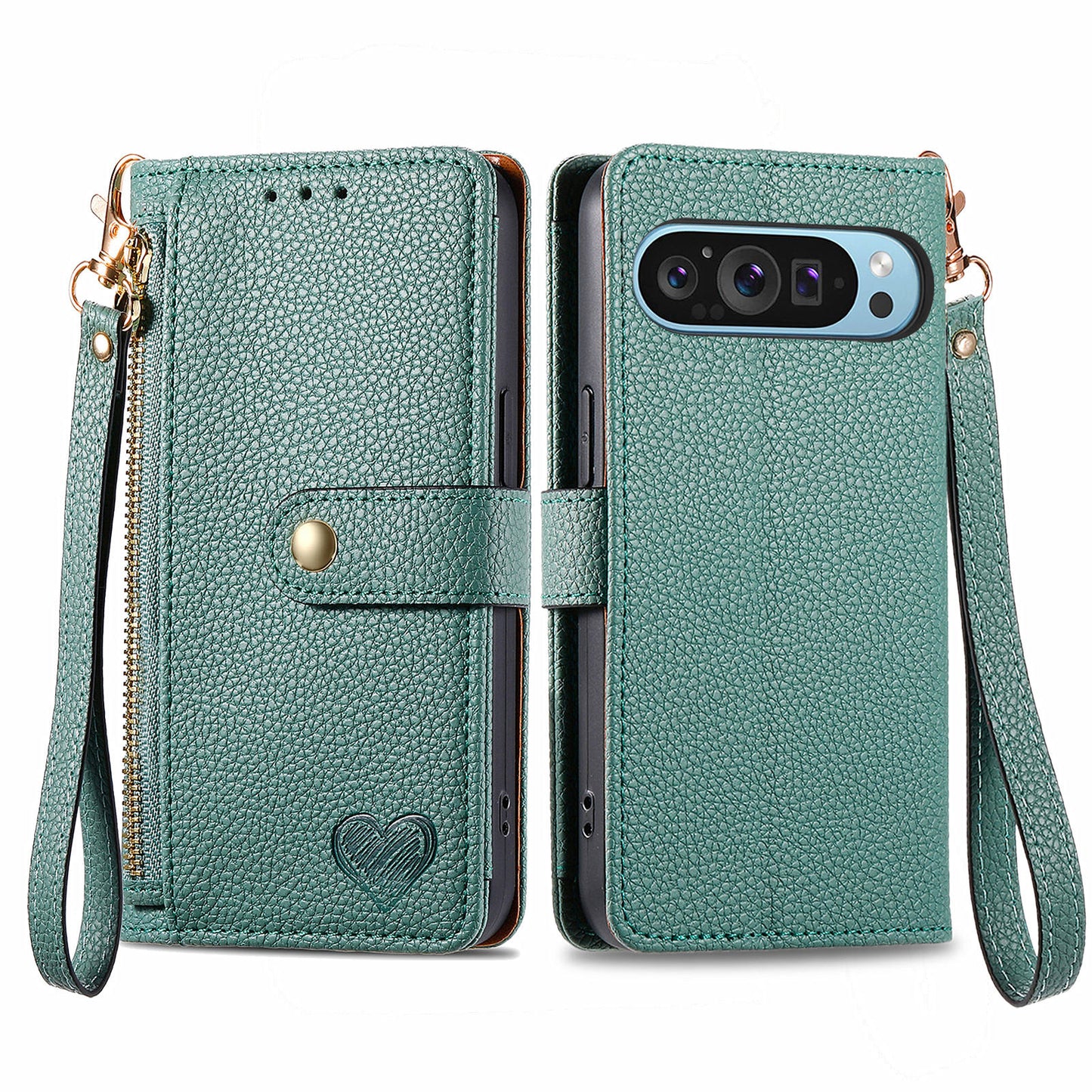 For Google Pixel 9 Pro RFID Blocking Case Zipper Pocket PU+TPU Phone Cover - Green