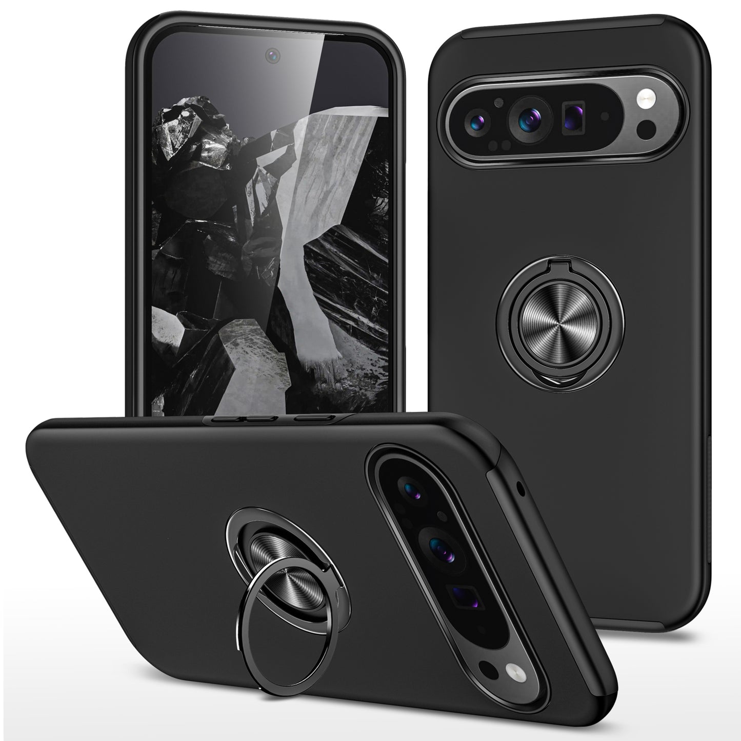 For Google Pixel 9 Pro Back Case Kickstand PC+TPU Shock-Absorbent Phone Cover - Black