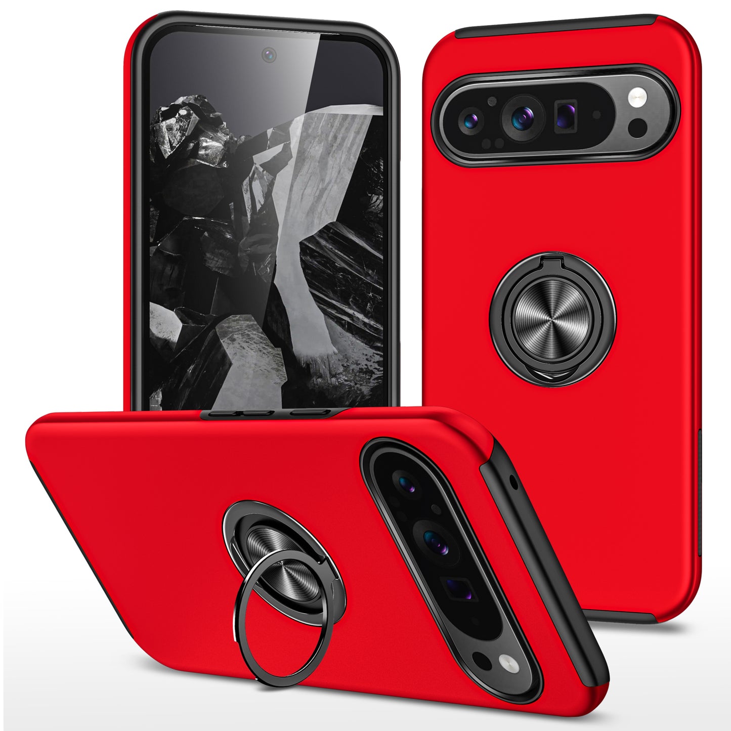 For Google Pixel 9 Pro Back Case Kickstand PC+TPU Shock-Absorbent Phone Cover - Red