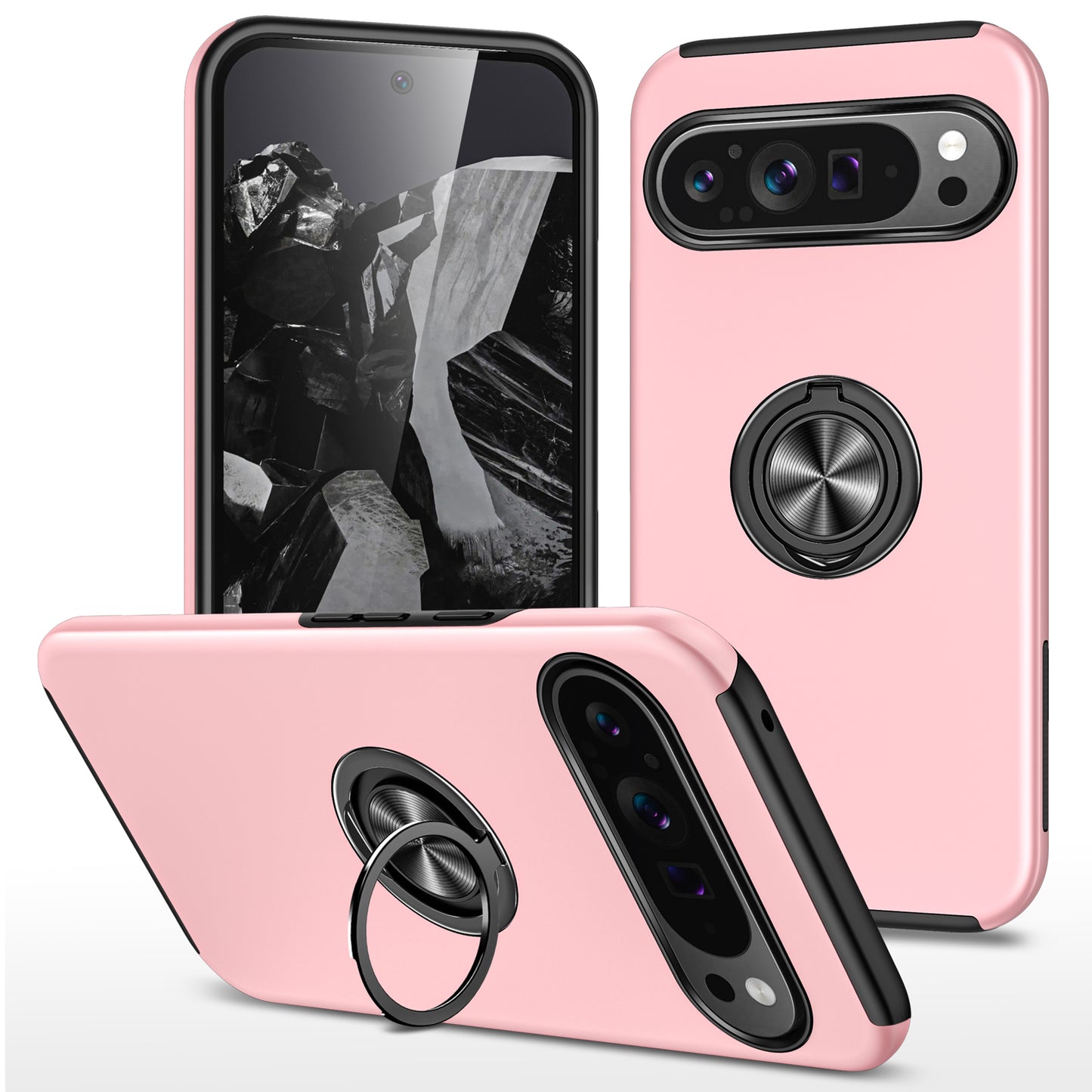 For Google Pixel 9 Pro Back Case Kickstand PC+TPU Shock-Absorbent Phone Cover - Rose Gold