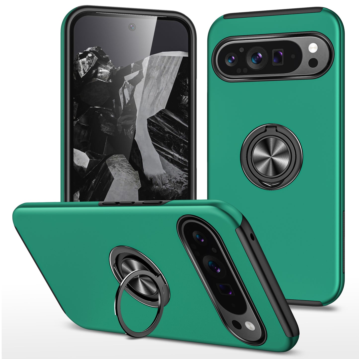 For Google Pixel 9 Pro Back Case Kickstand PC+TPU Shock-Absorbent Phone Cover - Blackish Green