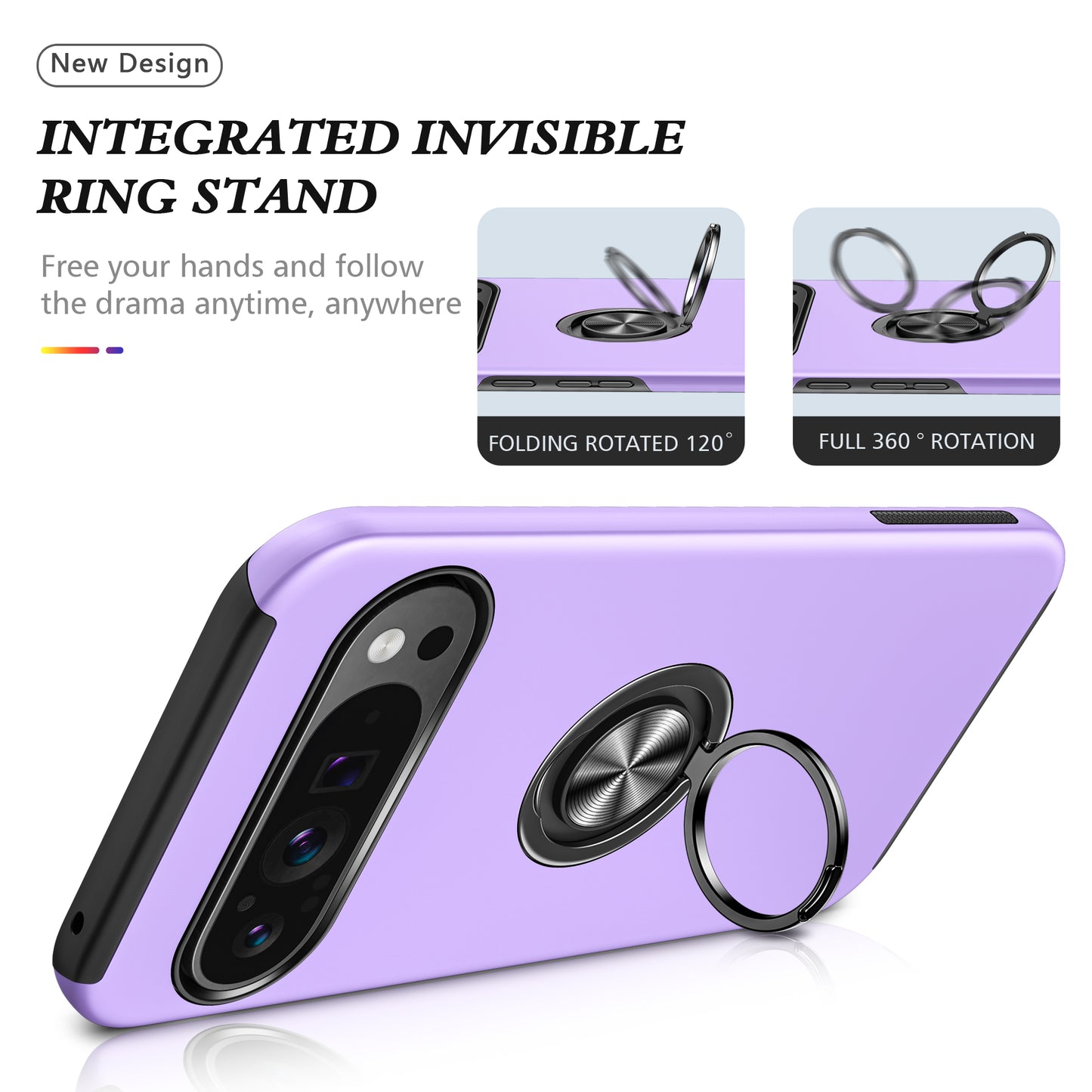 For Google Pixel 9 Case Anti-scratch PC+TPU Protective Cover with Rotary Kickstand - Purple