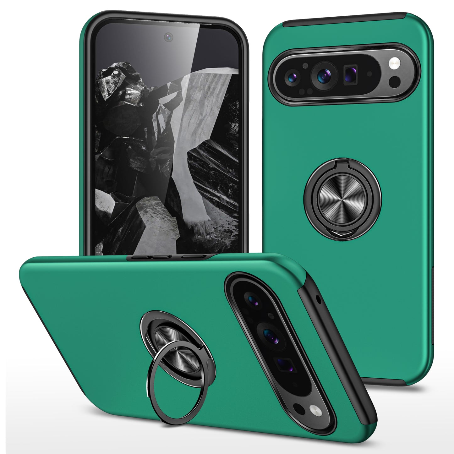 For Google Pixel 9 Case Anti-scratch PC+TPU Protective Cover with Rotary Kickstand - Blackish Green