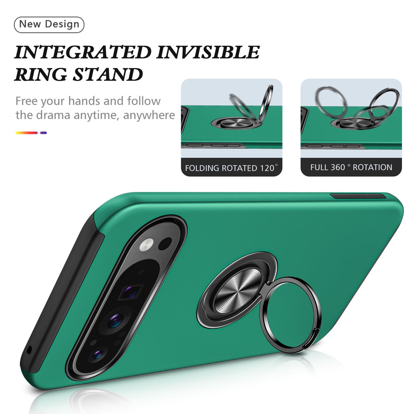 For Google Pixel 9 Case Anti-scratch PC+TPU Protective Cover with Rotary Kickstand - Blackish Green