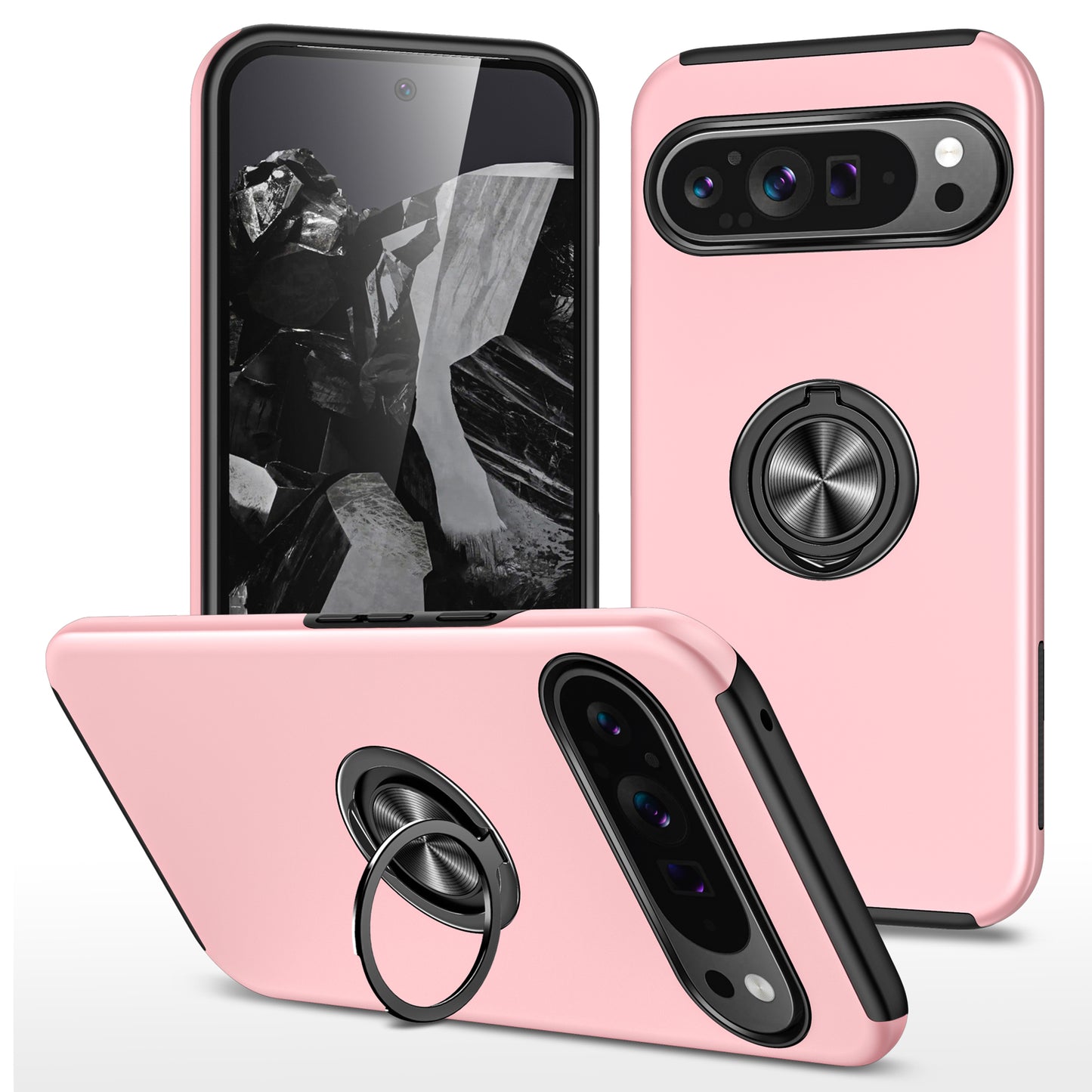 For Google Pixel 9 Case Anti-scratch PC+TPU Protective Cover with Rotary Kickstand - Rose Gold