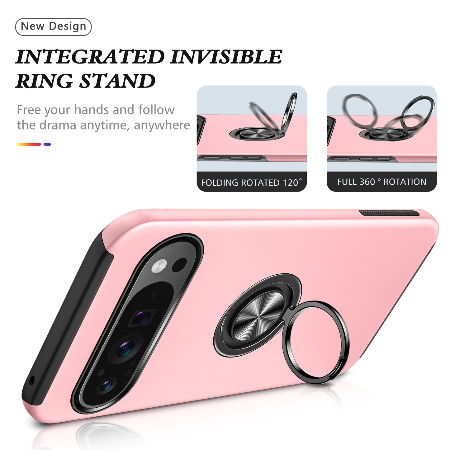 For Google Pixel 9 Case Anti-scratch PC+TPU Protective Cover with Rotary Kickstand - Rose Gold