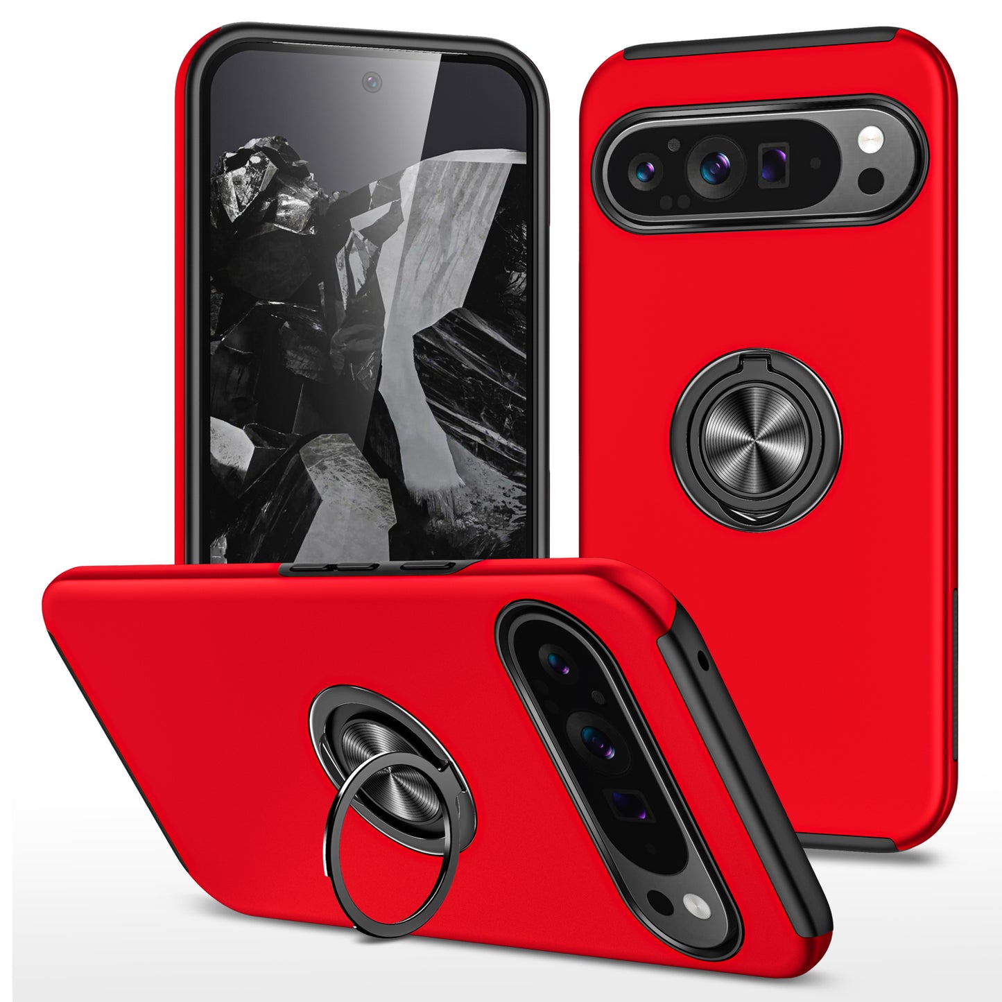 For Google Pixel 9 Case Anti-scratch PC+TPU Protective Cover with Rotary Kickstand - Red