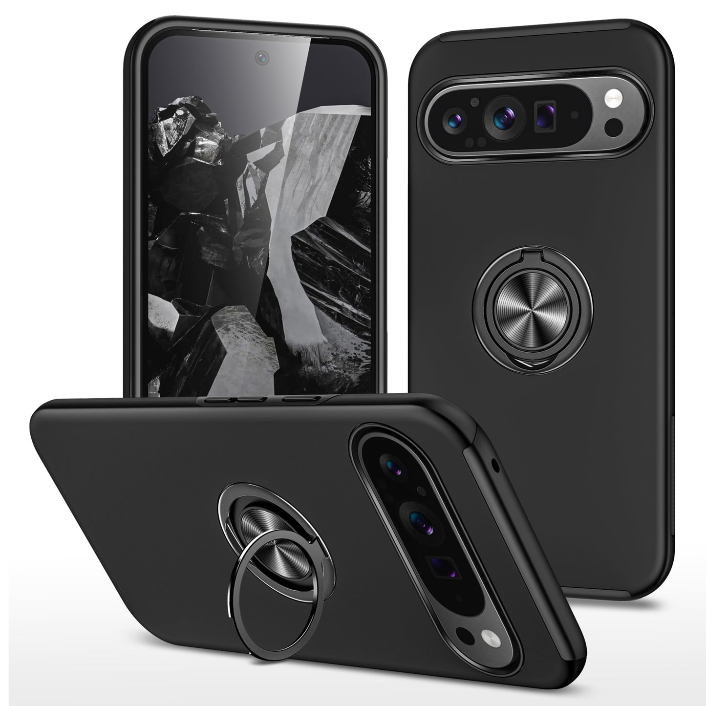 For Google Pixel 9 Case Anti-scratch PC+TPU Protective Cover with Rotary Kickstand - Black