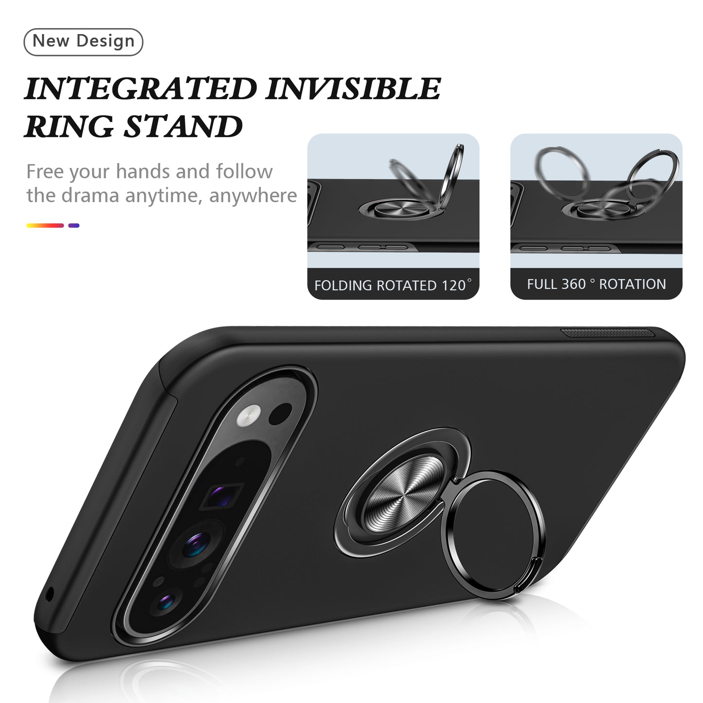 For Google Pixel 9 Case Anti-scratch PC+TPU Protective Cover with Rotary Kickstand - Black