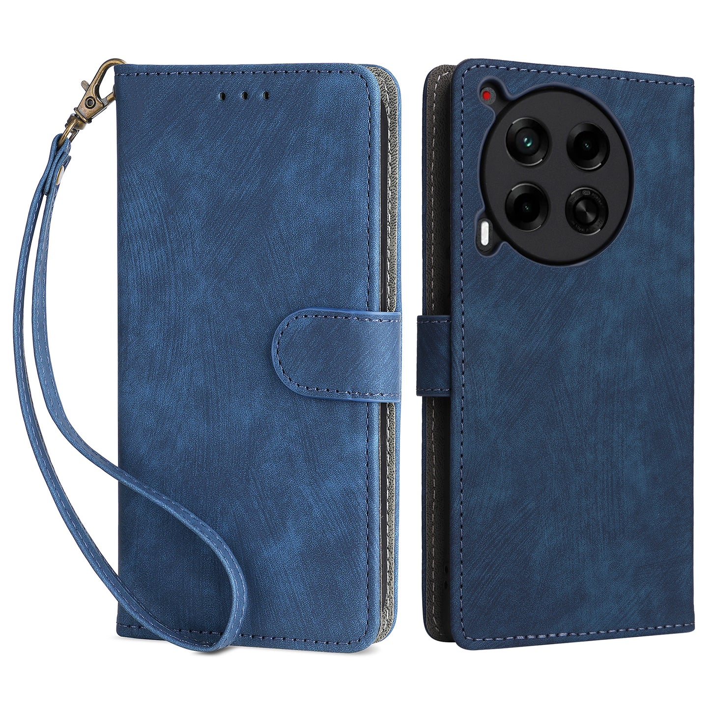 For Transsion Tecno Camon 30 5G CL7 Magnetic Case RFID Blocking Wallet Cover with Wrist Strap - Blue