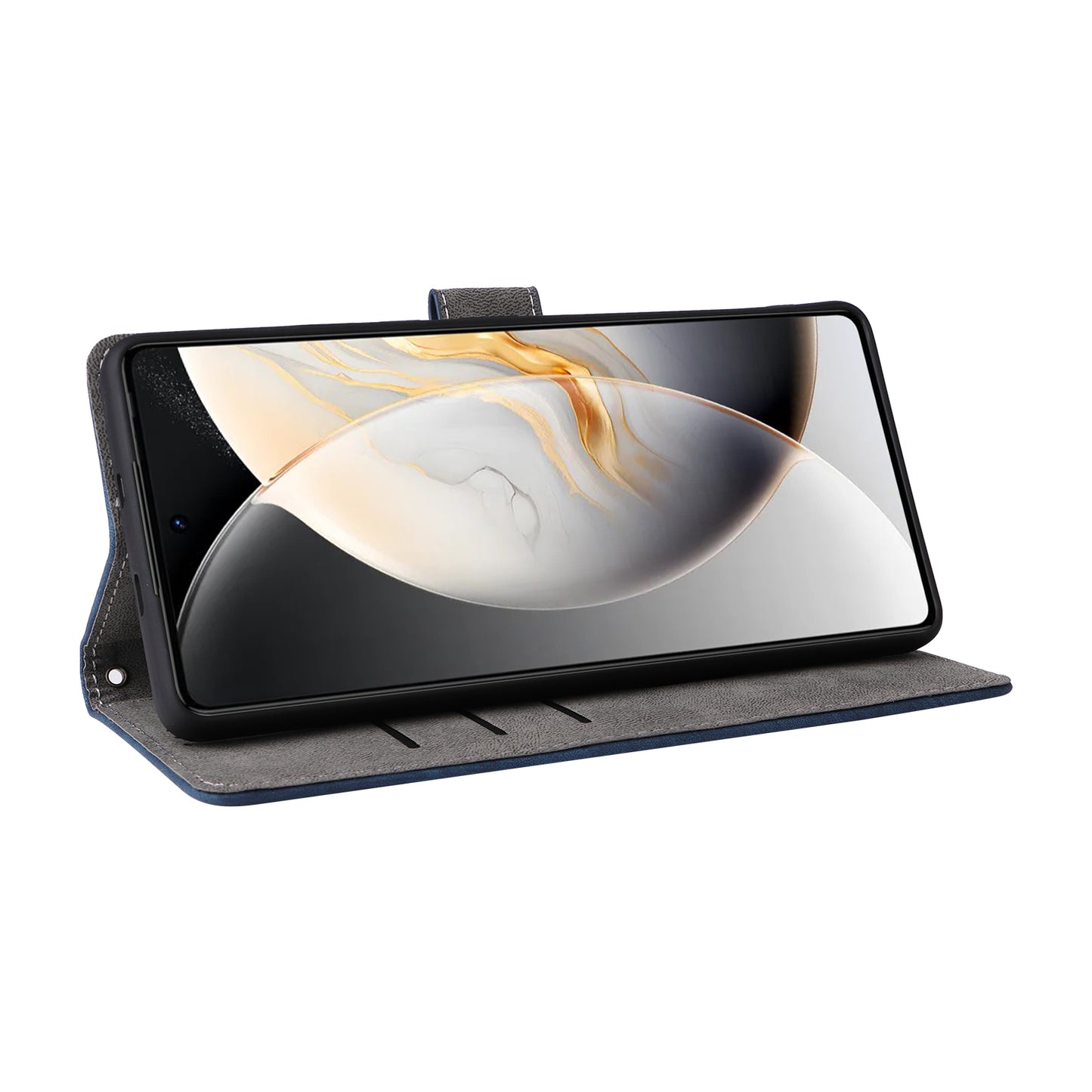 For Transsion Tecno Camon 30 5G CL7 Magnetic Case RFID Blocking Wallet Cover with Wrist Strap - Blue