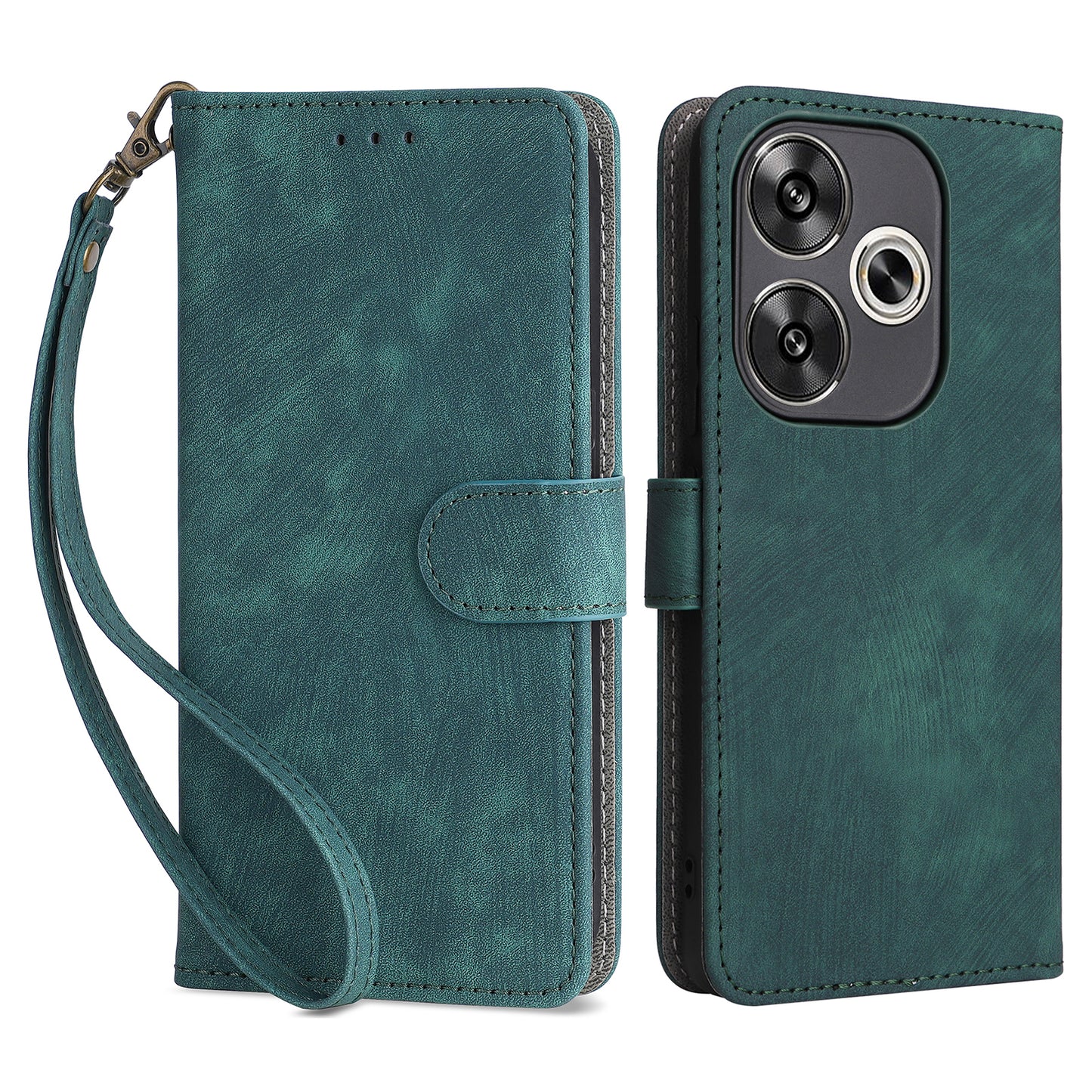For Xiaomi Redmi Turbo 3 5G Case RFID Blocking Card Holder Protective Cover with Wrist Strap - Green