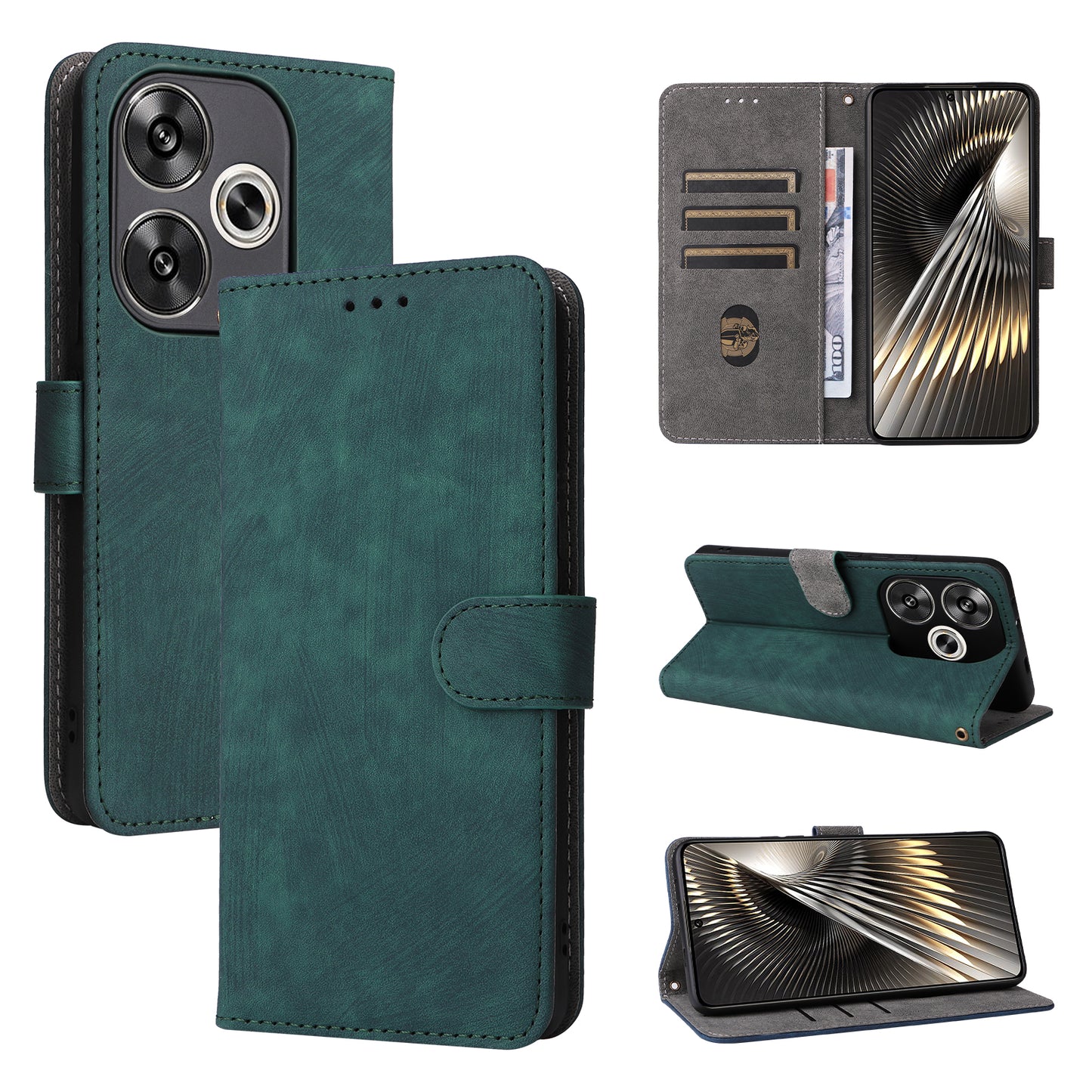 For Xiaomi Redmi Turbo 3 5G Case RFID Blocking Card Holder Protective Cover with Wrist Strap - Green