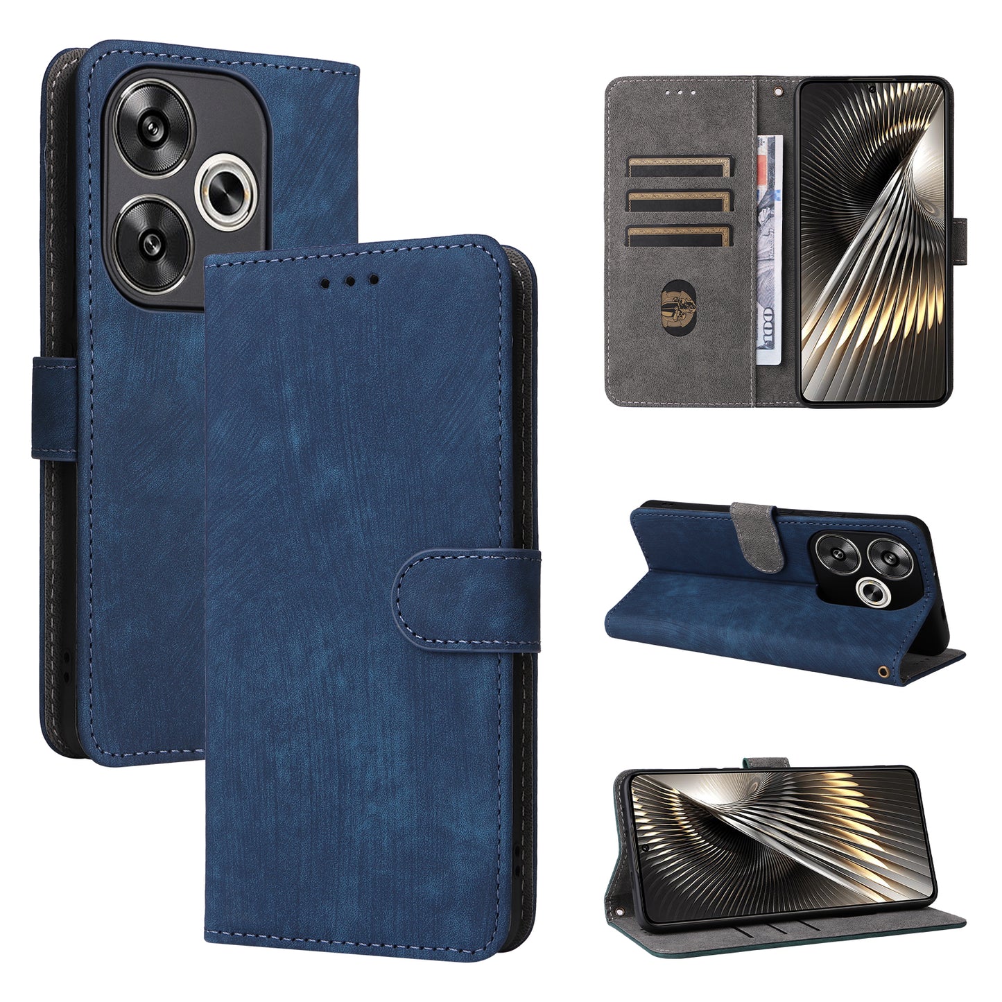 For Xiaomi Redmi Turbo 3 5G Case RFID Blocking Card Holder Protective Cover with Wrist Strap - Blue