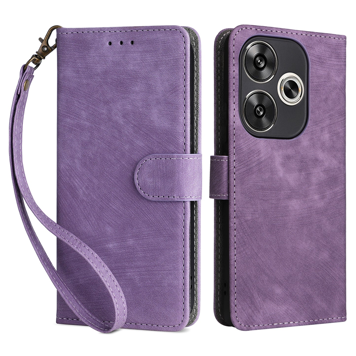 For Xiaomi Redmi Turbo 3 5G Case RFID Blocking Card Holder Protective Cover with Wrist Strap - Purple