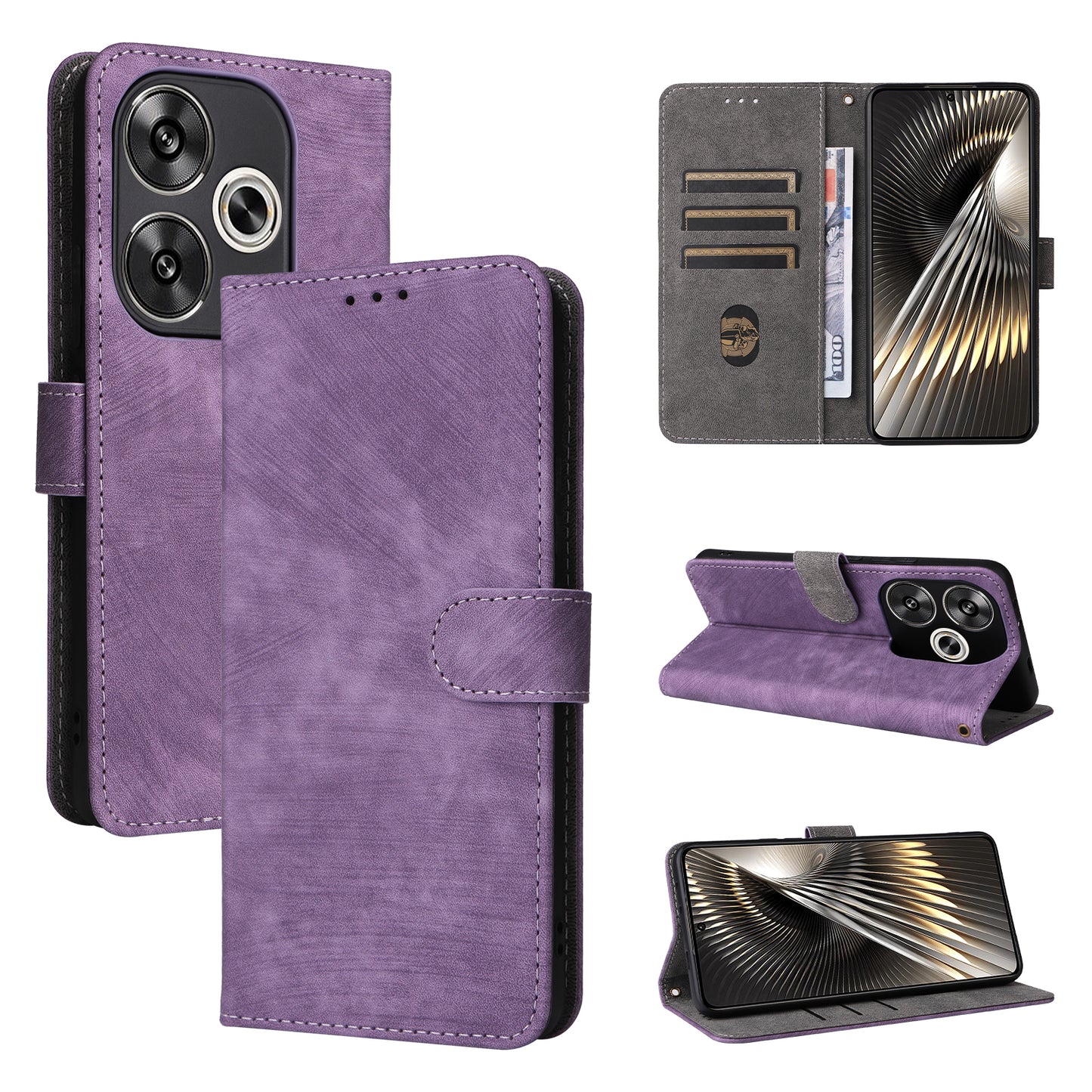 For Xiaomi Redmi Turbo 3 5G Case RFID Blocking Card Holder Protective Cover with Wrist Strap - Purple