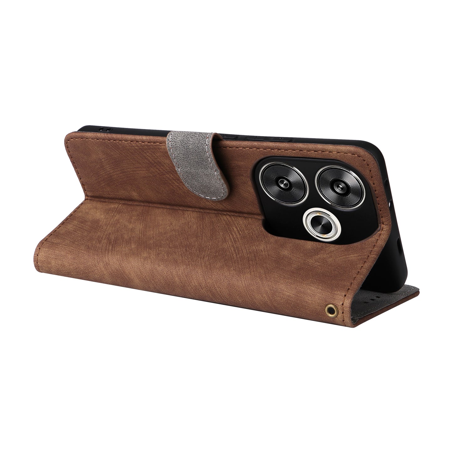 For Xiaomi Redmi Turbo 3 5G Case RFID Blocking Card Holder Protective Cover with Wrist Strap - Brown