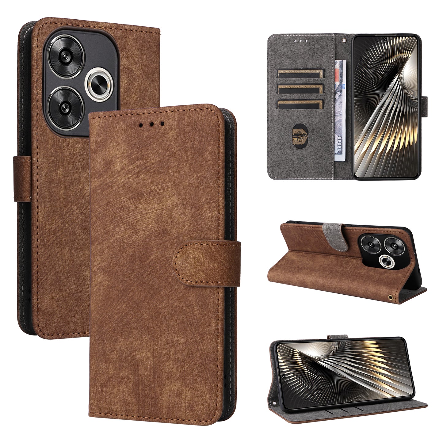 For Xiaomi Redmi Turbo 3 5G Case RFID Blocking Card Holder Protective Cover with Wrist Strap - Brown