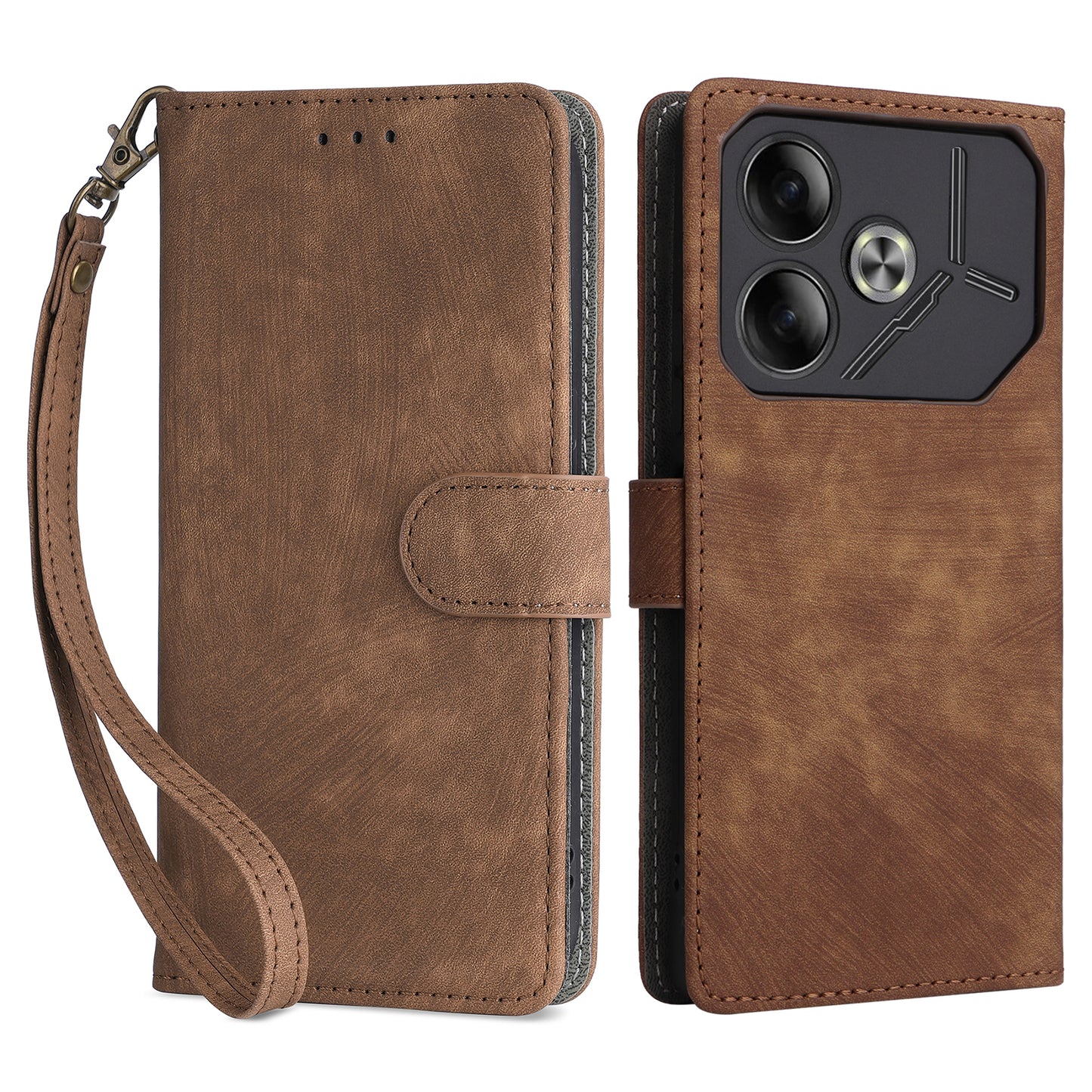 For Transsion Tecno Pova 6 4G Case with Wrist Strap RFID Blocking Stand Phone Cover - Brown