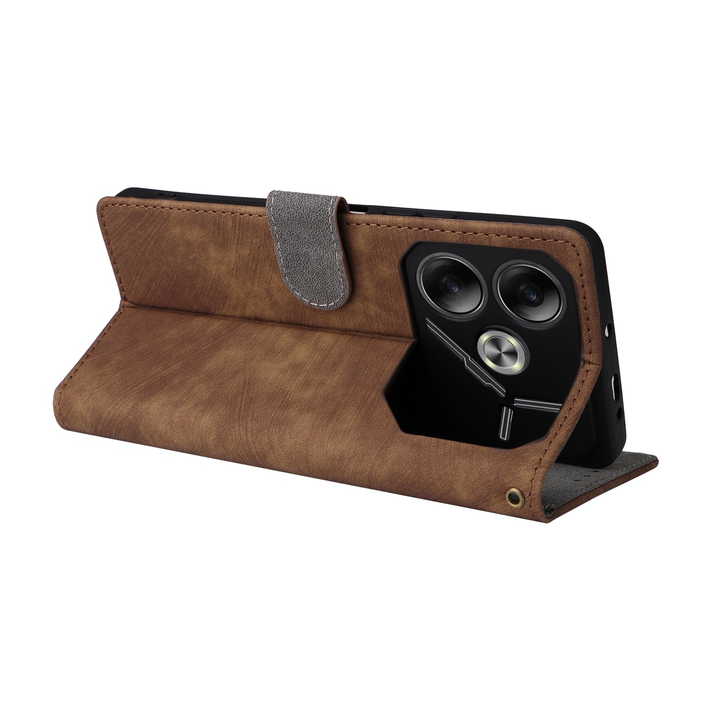 For Transsion Tecno Pova 6 4G Case with Wrist Strap RFID Blocking Stand Phone Cover - Brown