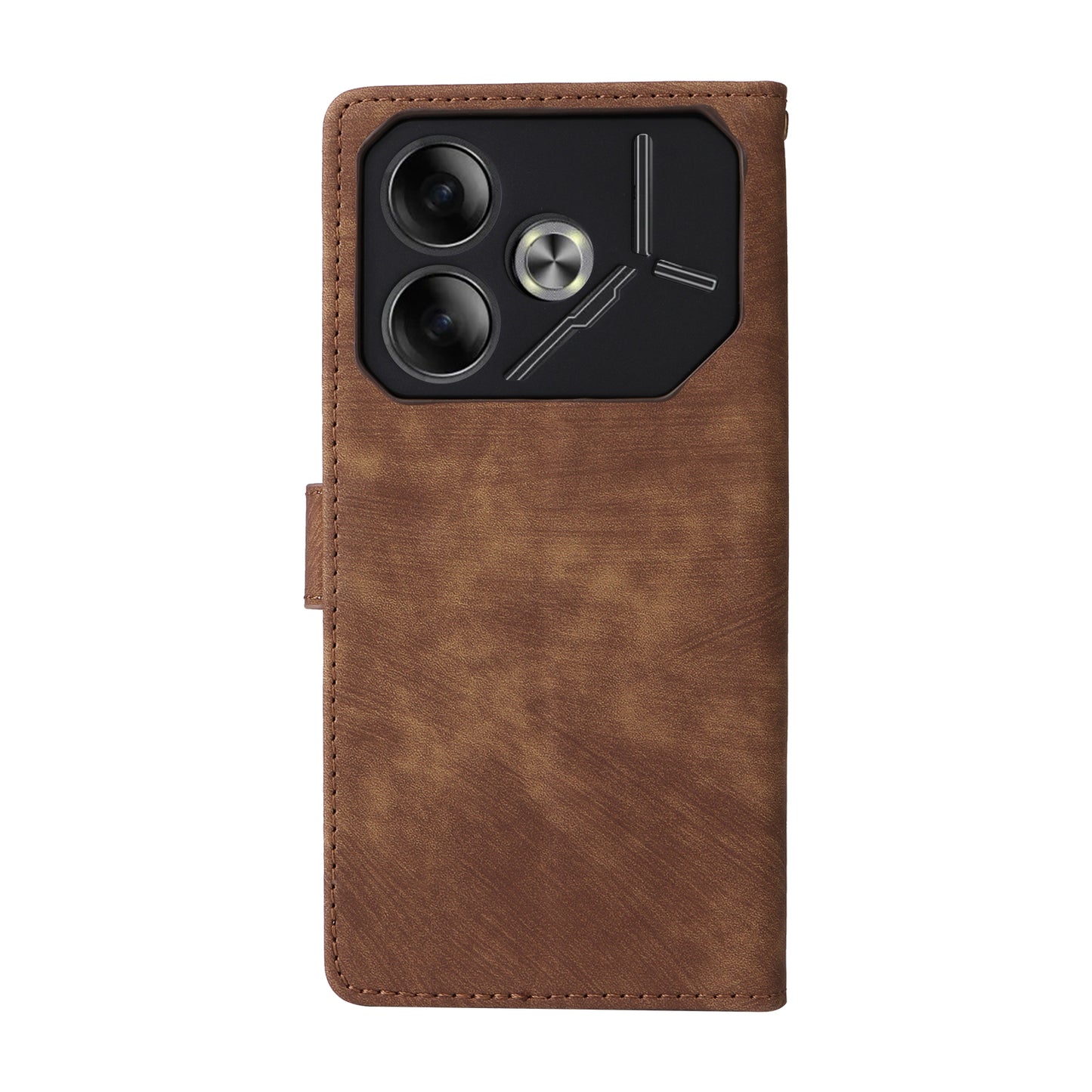 For Transsion Tecno Pova 6 4G Case with Wrist Strap RFID Blocking Stand Phone Cover - Brown