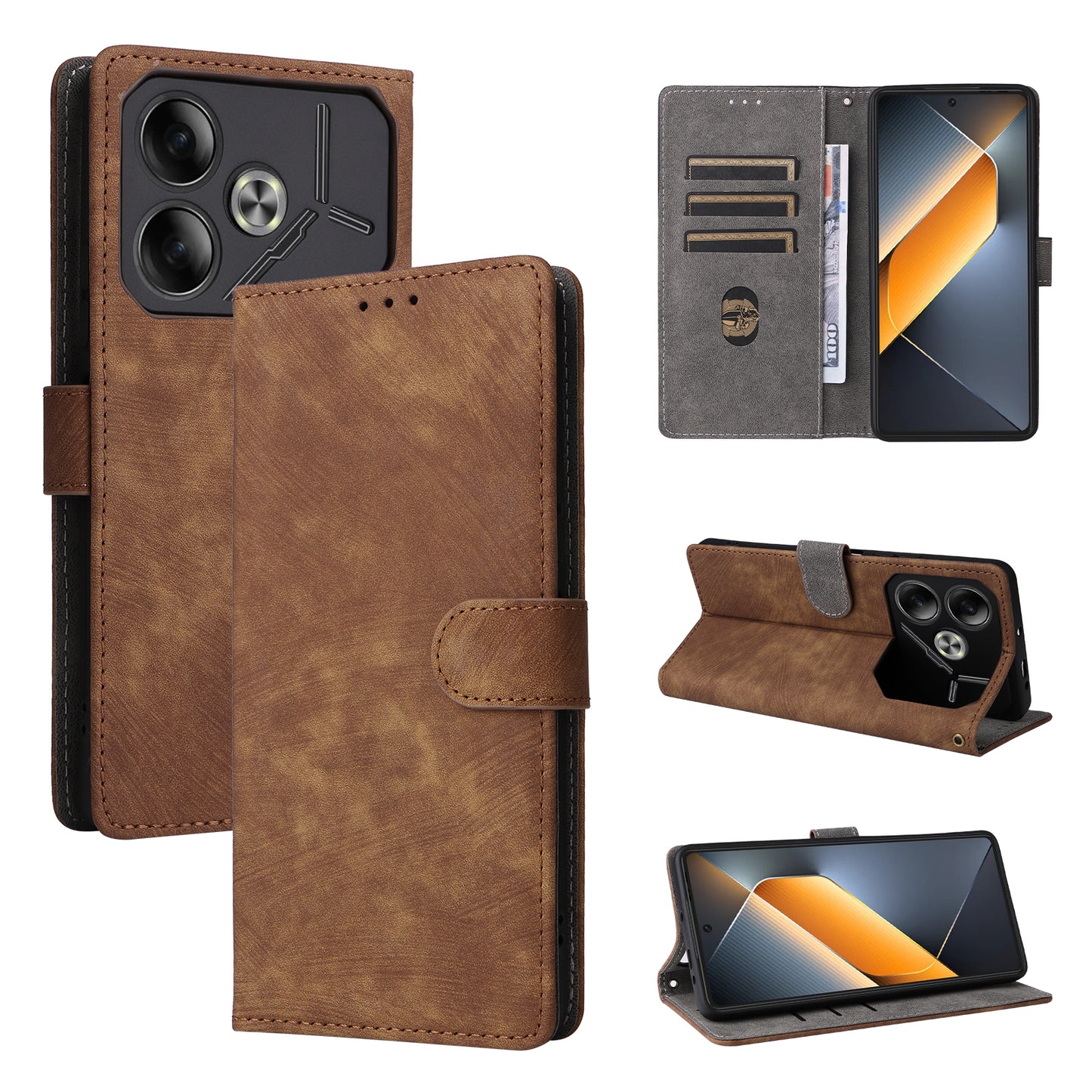 For Transsion Tecno Pova 6 4G Case with Wrist Strap RFID Blocking Stand Phone Cover - Brown
