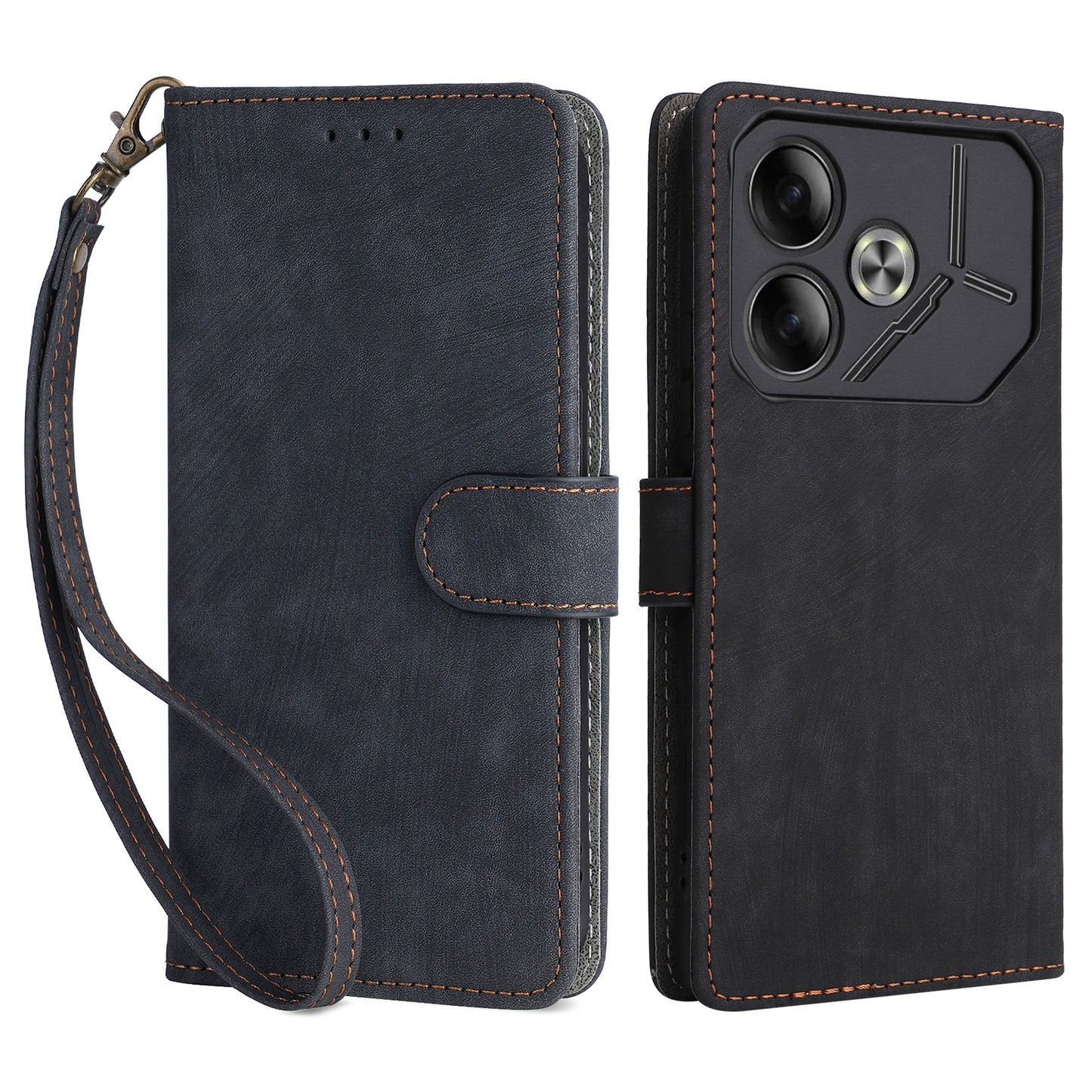 For Transsion Tecno Pova 6 4G Case with Wrist Strap RFID Blocking Stand Phone Cover - Black