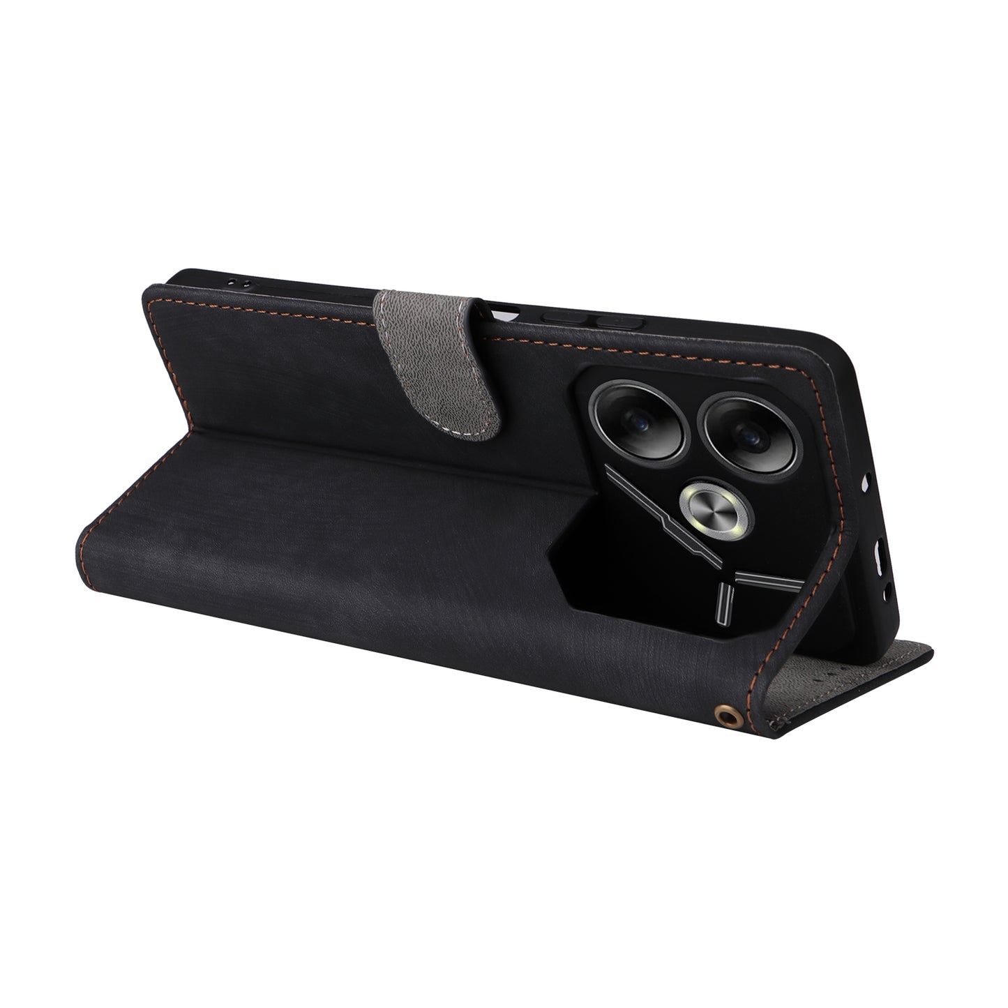 For Transsion Tecno Pova 6 4G Case with Wrist Strap RFID Blocking Stand Phone Cover - Black