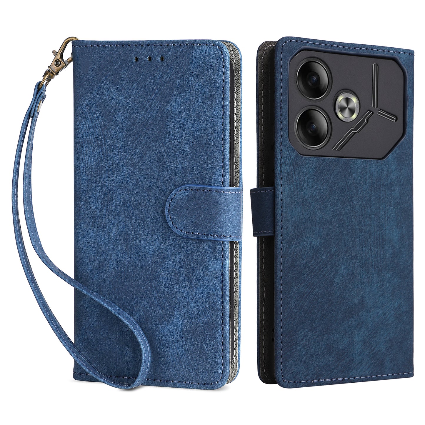 For Transsion Tecno Pova 6 4G Case with Wrist Strap RFID Blocking Stand Phone Cover - Blue