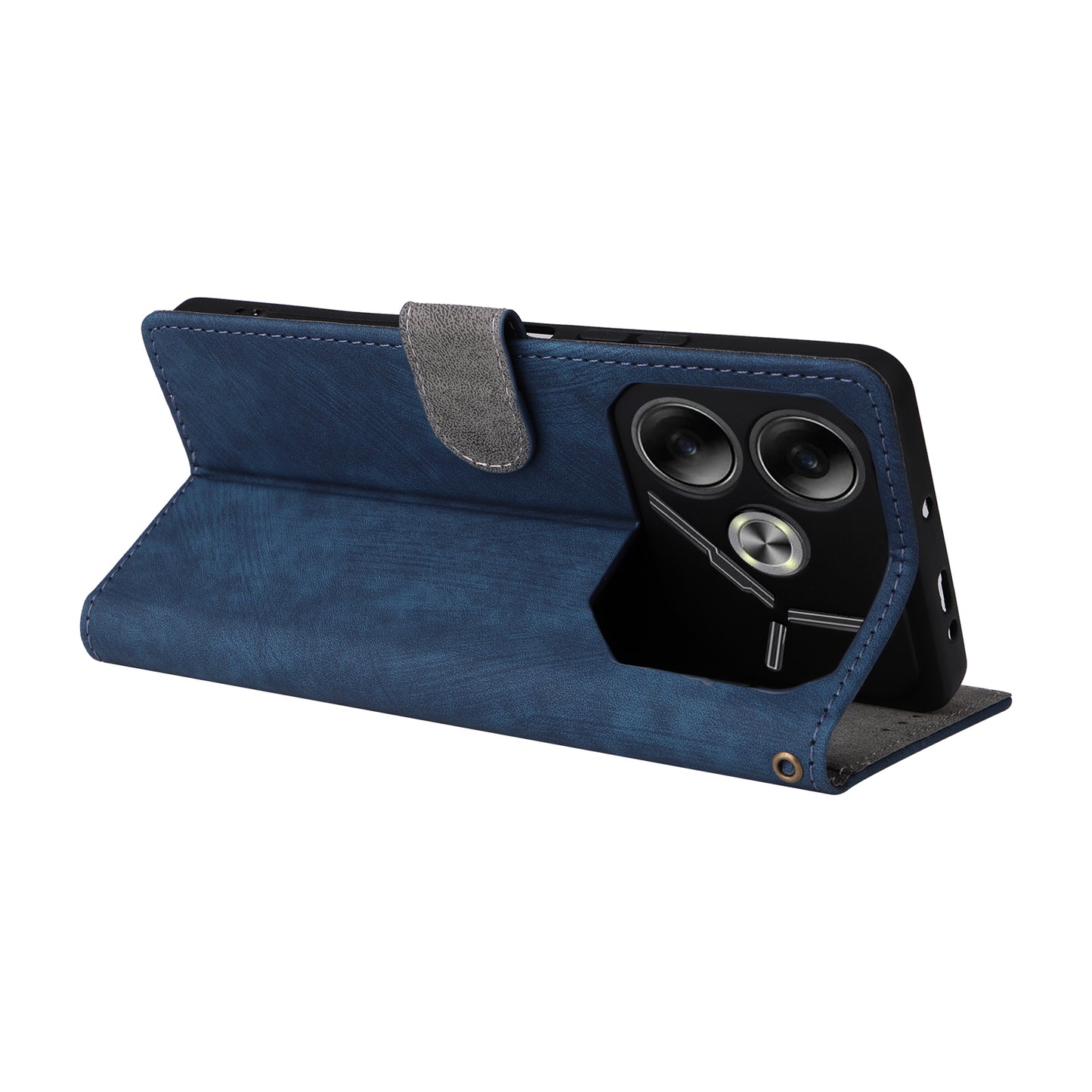 For Transsion Tecno Pova 6 4G Case with Wrist Strap RFID Blocking Stand Phone Cover - Blue