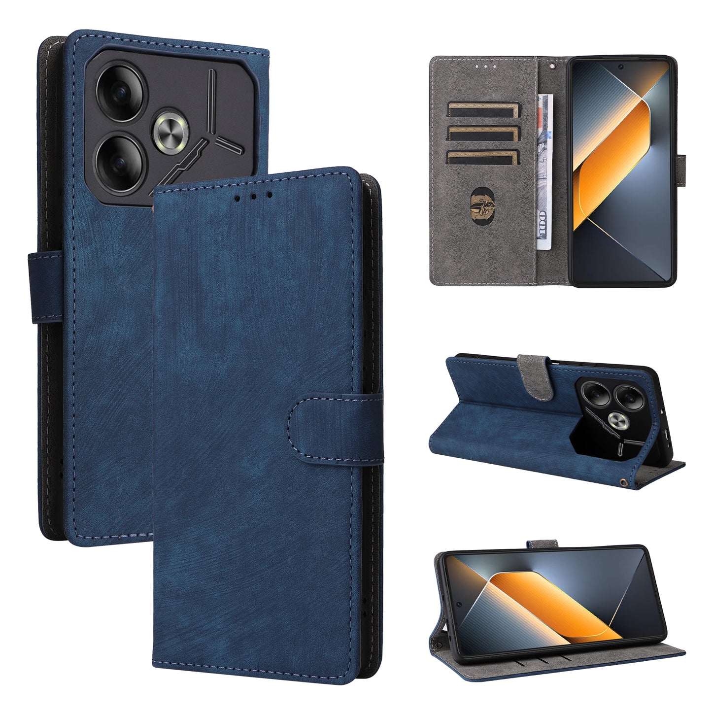 For Transsion Tecno Pova 6 4G Case with Wrist Strap RFID Blocking Stand Phone Cover - Blue