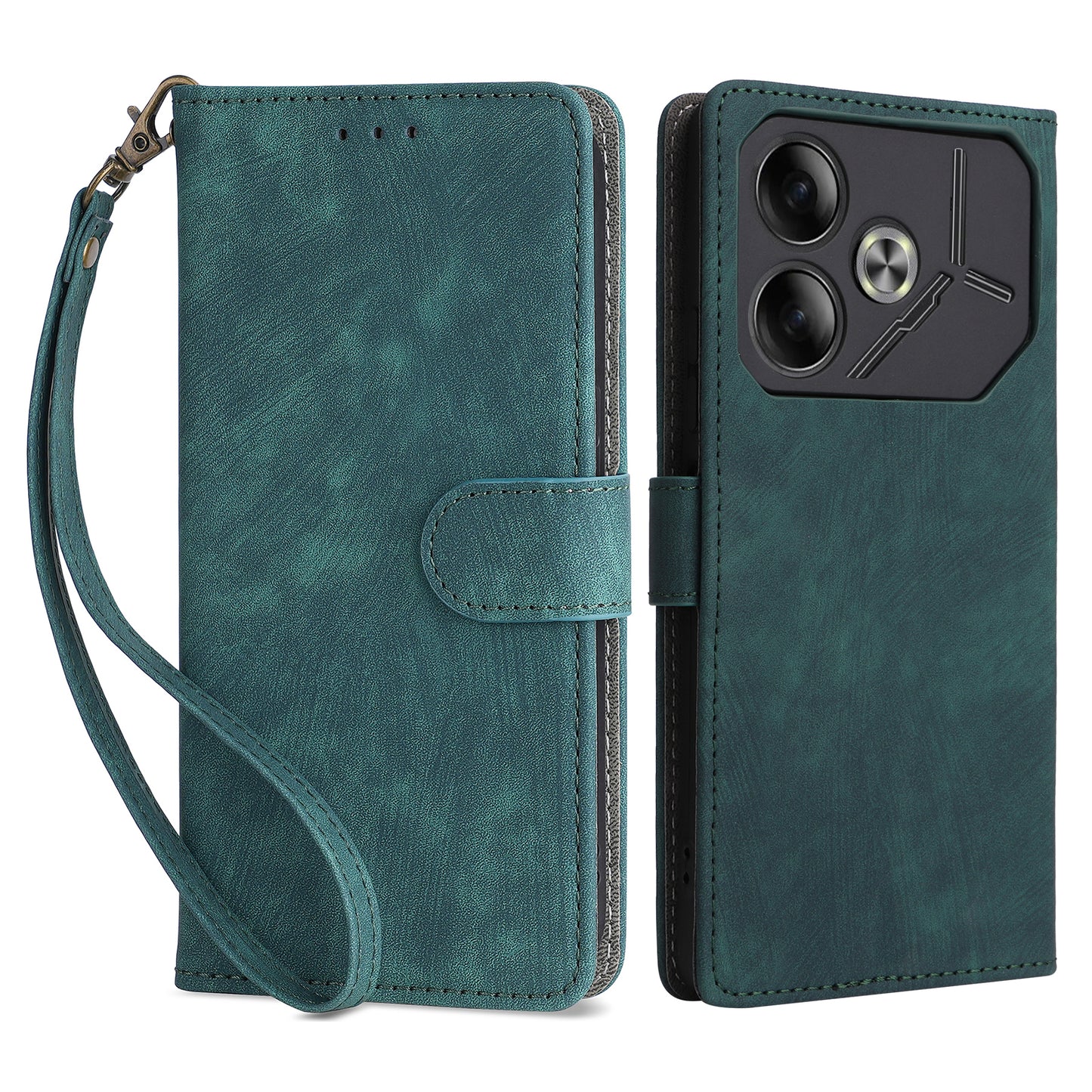 For Transsion Tecno Pova 6 4G Case with Wrist Strap RFID Blocking Stand Phone Cover - Green