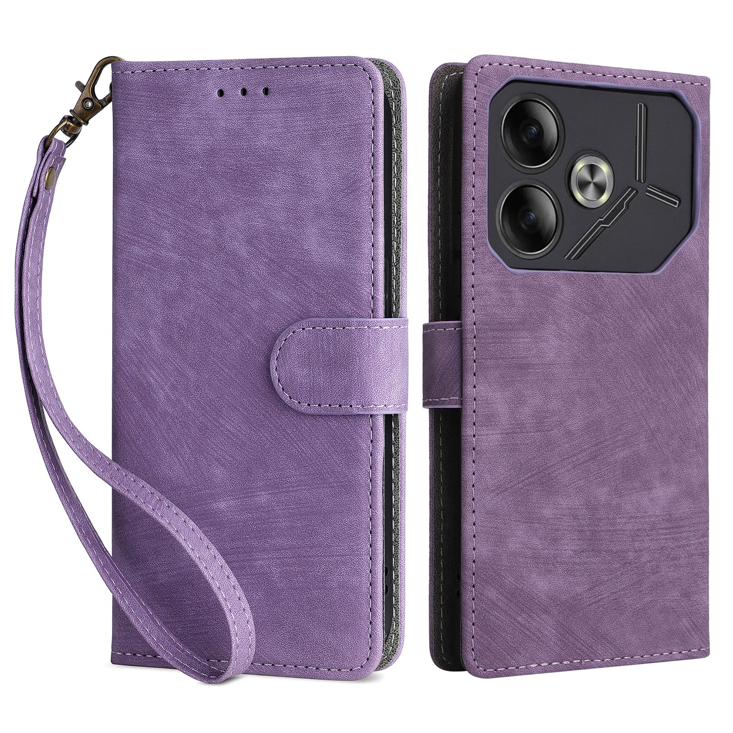 For Transsion Tecno Pova 6 4G Case with Wrist Strap RFID Blocking Stand Phone Cover - Purple