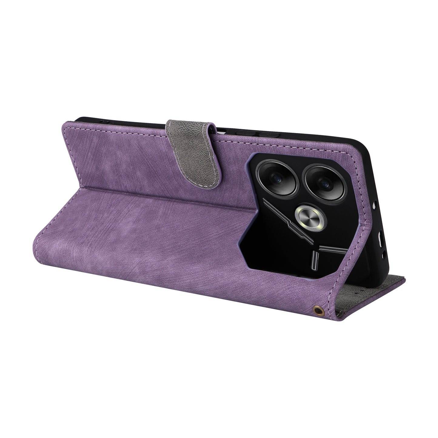 For Transsion Tecno Pova 6 4G Case with Wrist Strap RFID Blocking Stand Phone Cover - Purple