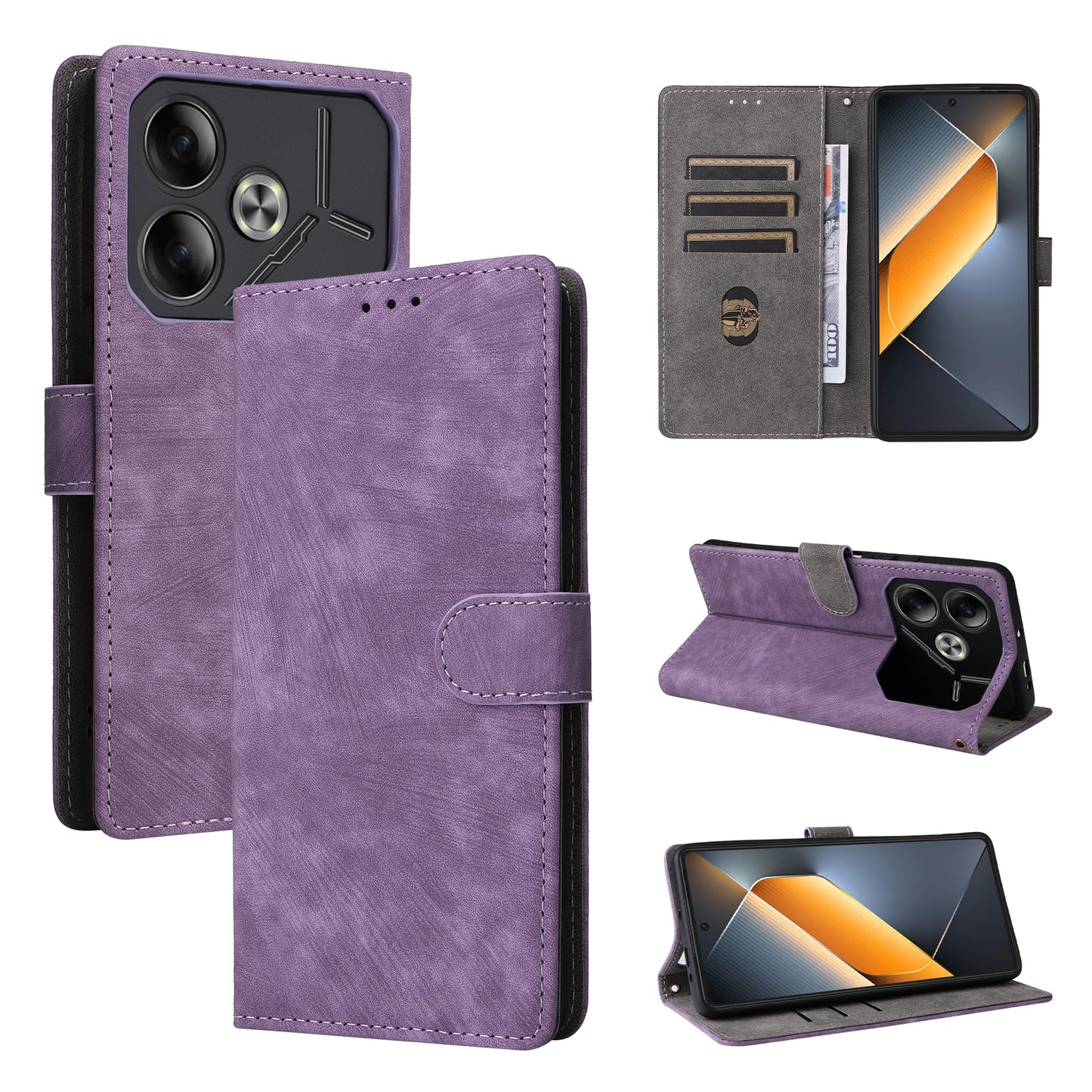 For Transsion Tecno Pova 6 4G Case with Wrist Strap RFID Blocking Stand Phone Cover - Purple
