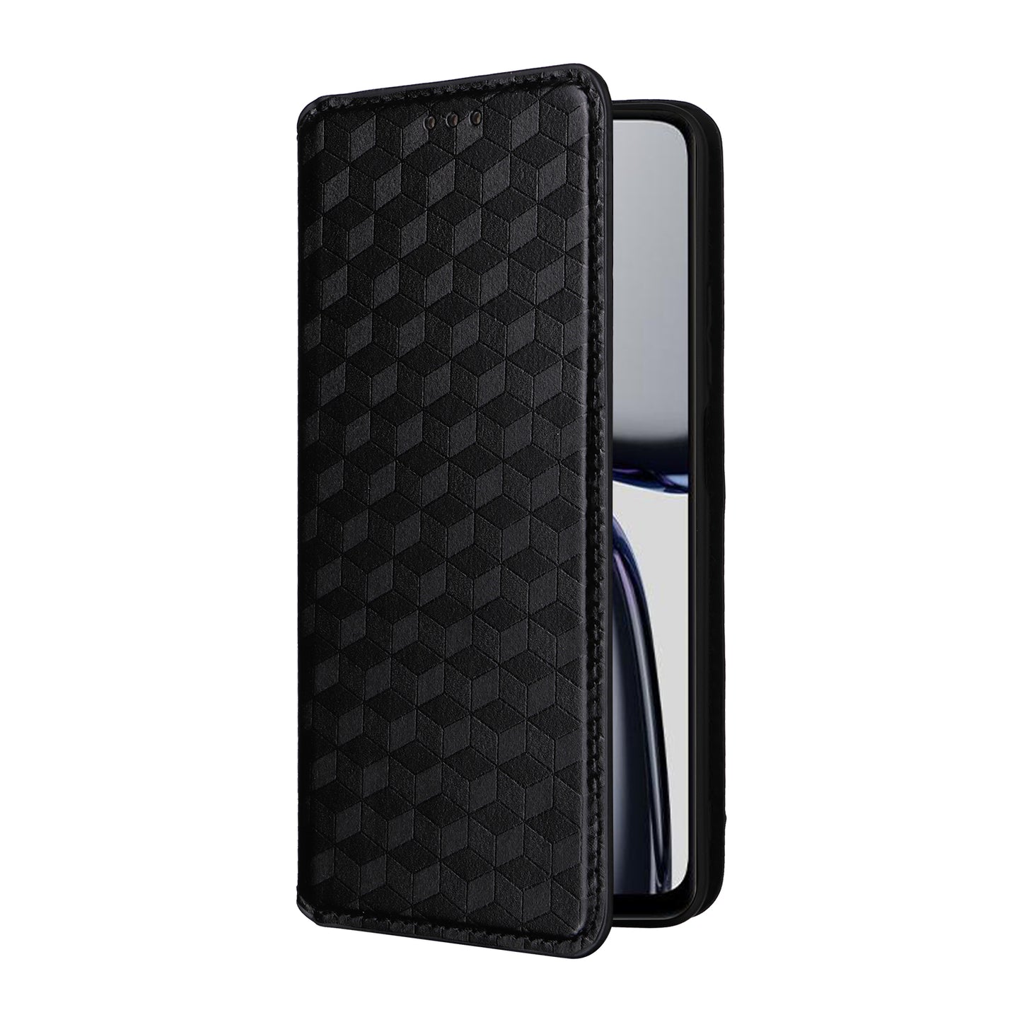 For Realme C65 4G Magnetic Case PU Leather+TPU Rhombus Imprinted Phone Cover - Black