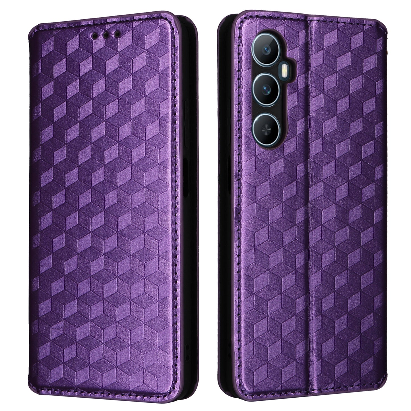 For Realme C65 4G Magnetic Case PU Leather+TPU Rhombus Imprinted Phone Cover - Purple