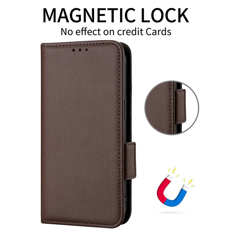 For Realme C65 4G Case Litchi Texture Leather Smart Phone Cover with Handy Strap - Brown