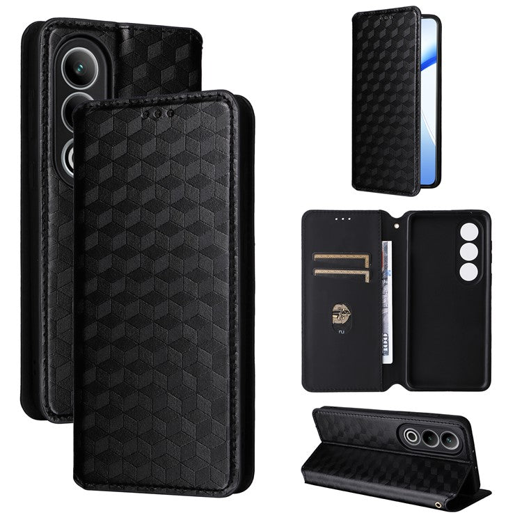 For OnePlus Nord CE4 5G / Oppo K12 Wallet Case Rhombus Imprinted PU Leather Phone Cover - Black