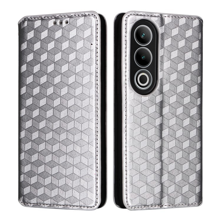 For OnePlus Nord CE4 5G / Oppo K12 Wallet Case Rhombus Imprinted PU Leather Phone Cover - Silver