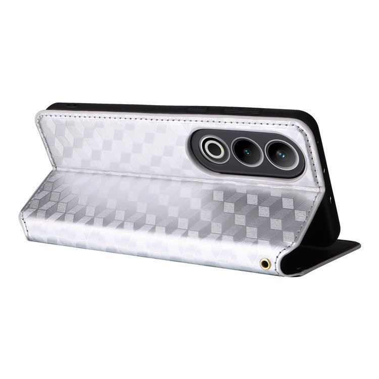 For OnePlus Nord CE4 5G / Oppo K12 Wallet Case Rhombus Imprinted PU Leather Phone Cover - Silver