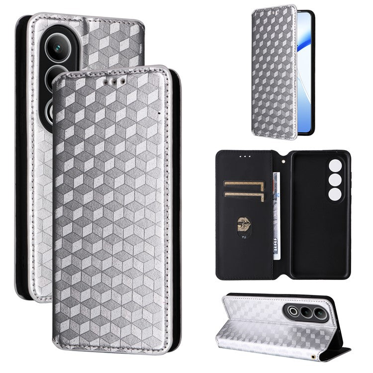 For OnePlus Nord CE4 5G / Oppo K12 Wallet Case Rhombus Imprinted PU Leather Phone Cover - Silver